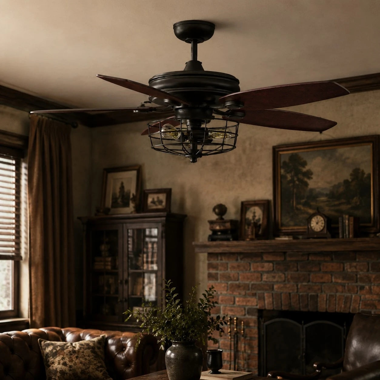 Black wood blade ceiling fan light in a vintage room