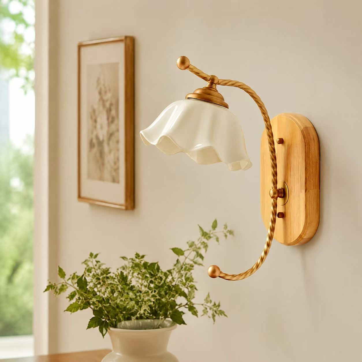 Vintage Floral Ceramic Shade Wooden Wall Sconce