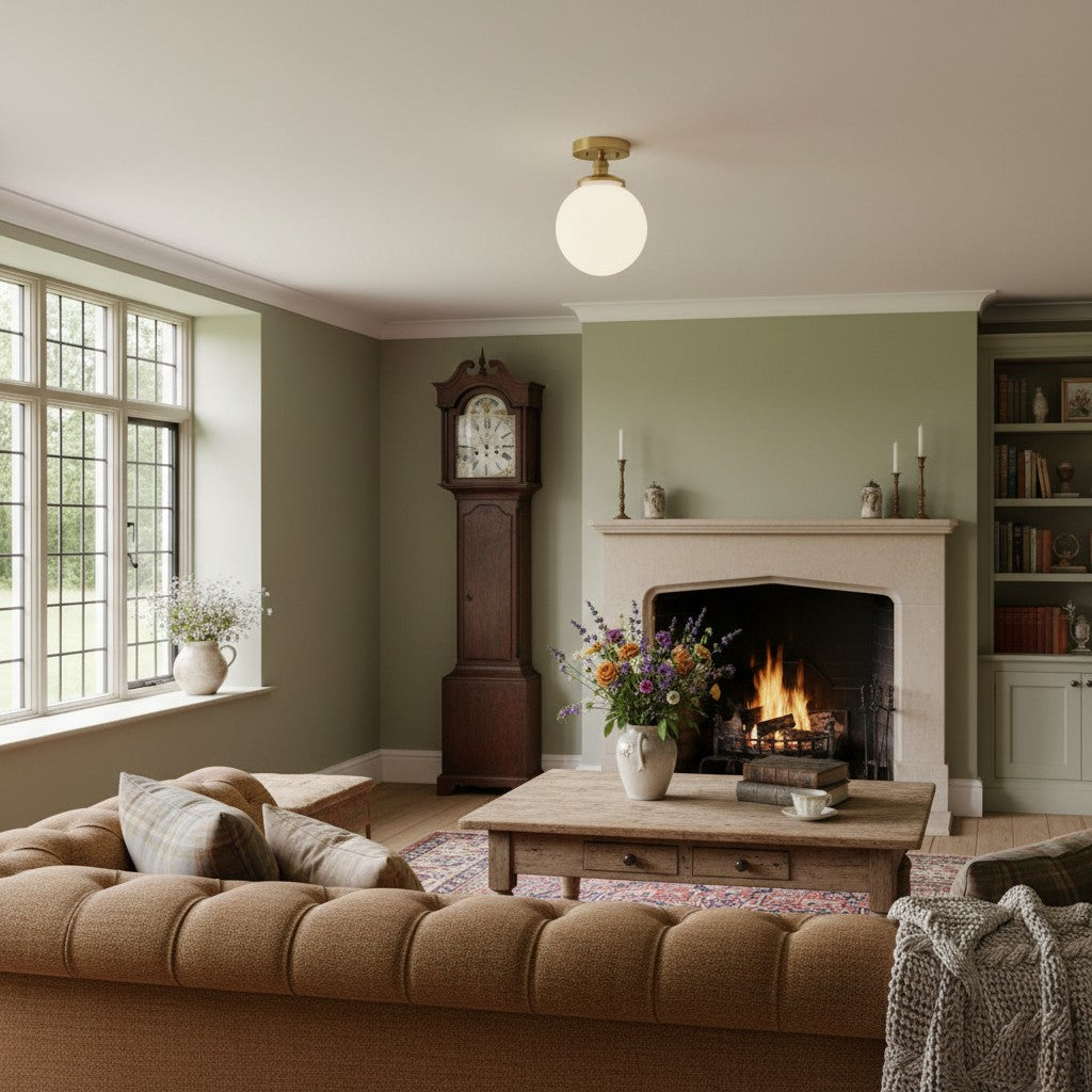 Glorica Glass Mid Century Semi Flush Ceiling Light - White Opal Glass Globe Fixture