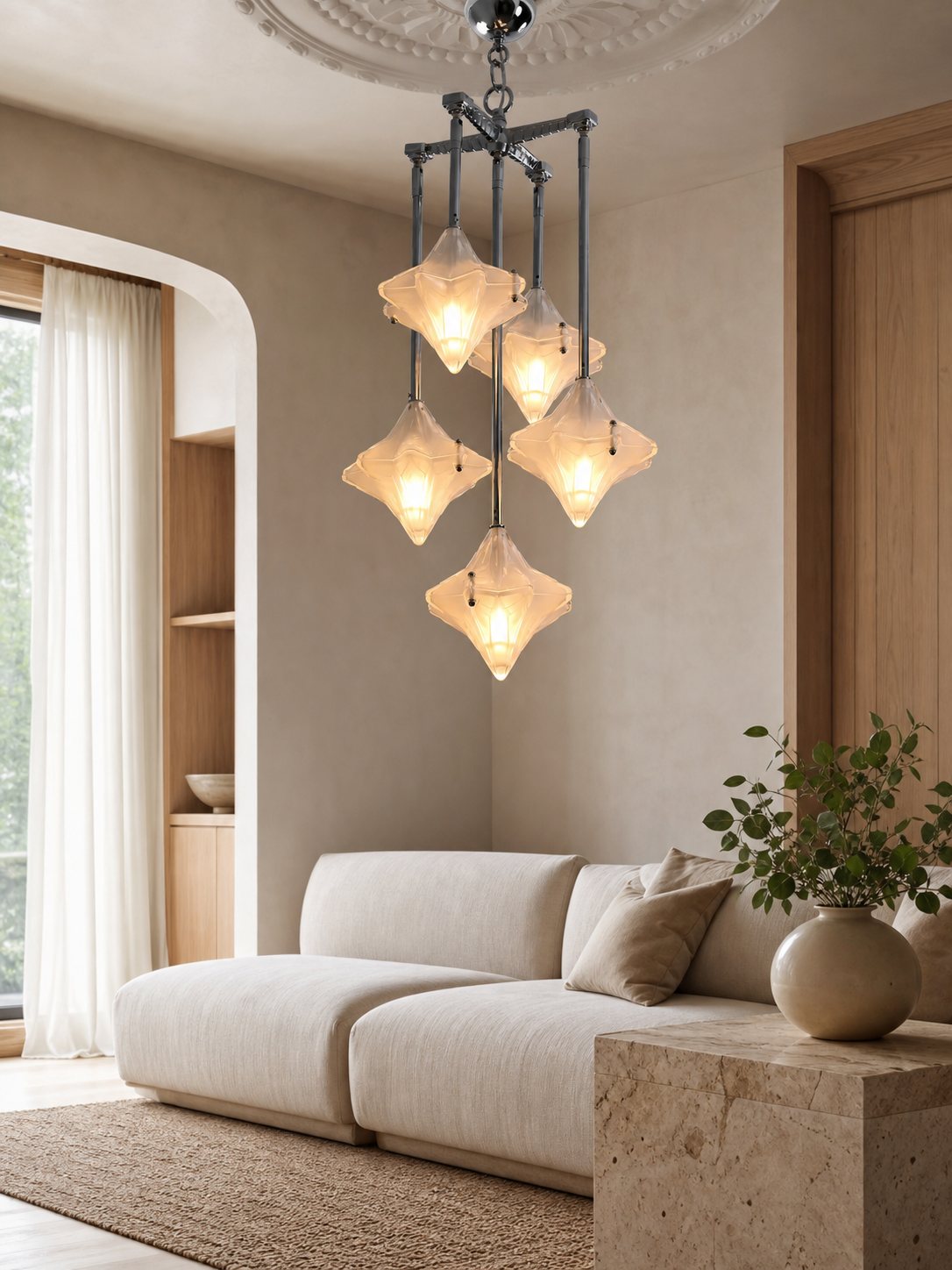 Art Deco Astris Star Chandelier – Frosted Glass Deco Fixture for Dining Room