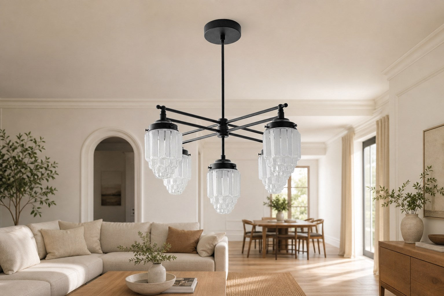 Tierlux Glass Chandelier – Vintage Brass Globe Lighting Fixture