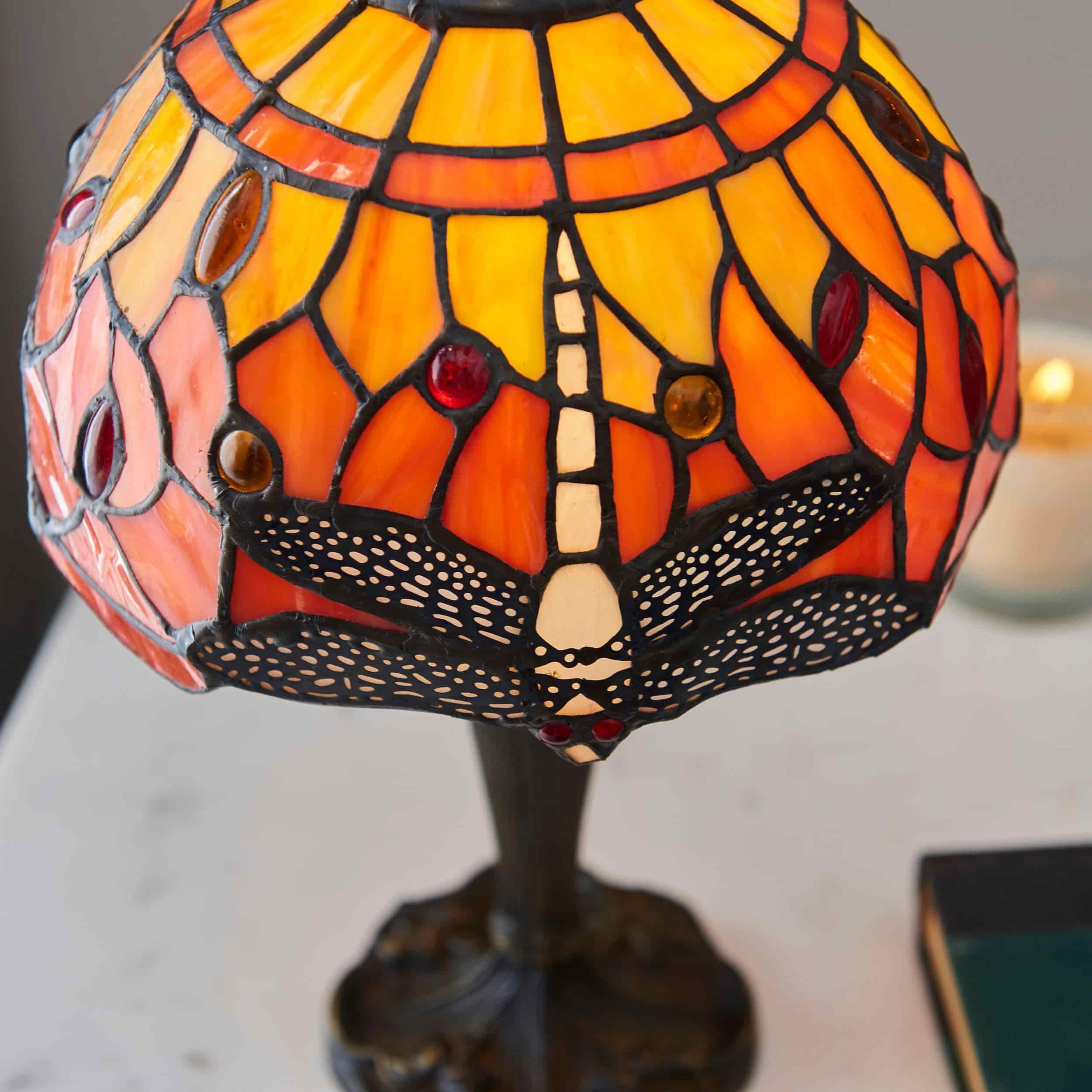 TF Dragonfly Hand-Cut Table Lamp – Vintage Stained Glass for Bedroom or Living Room