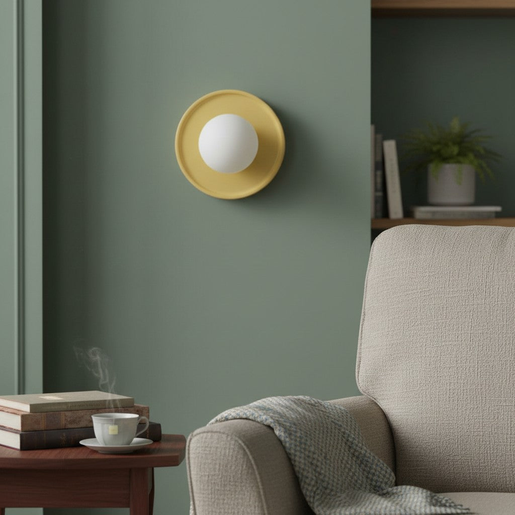 Solna Round Glass Wall Sconce with Ceramic Base-Minimalist Lighting for Bedroom or Hallway