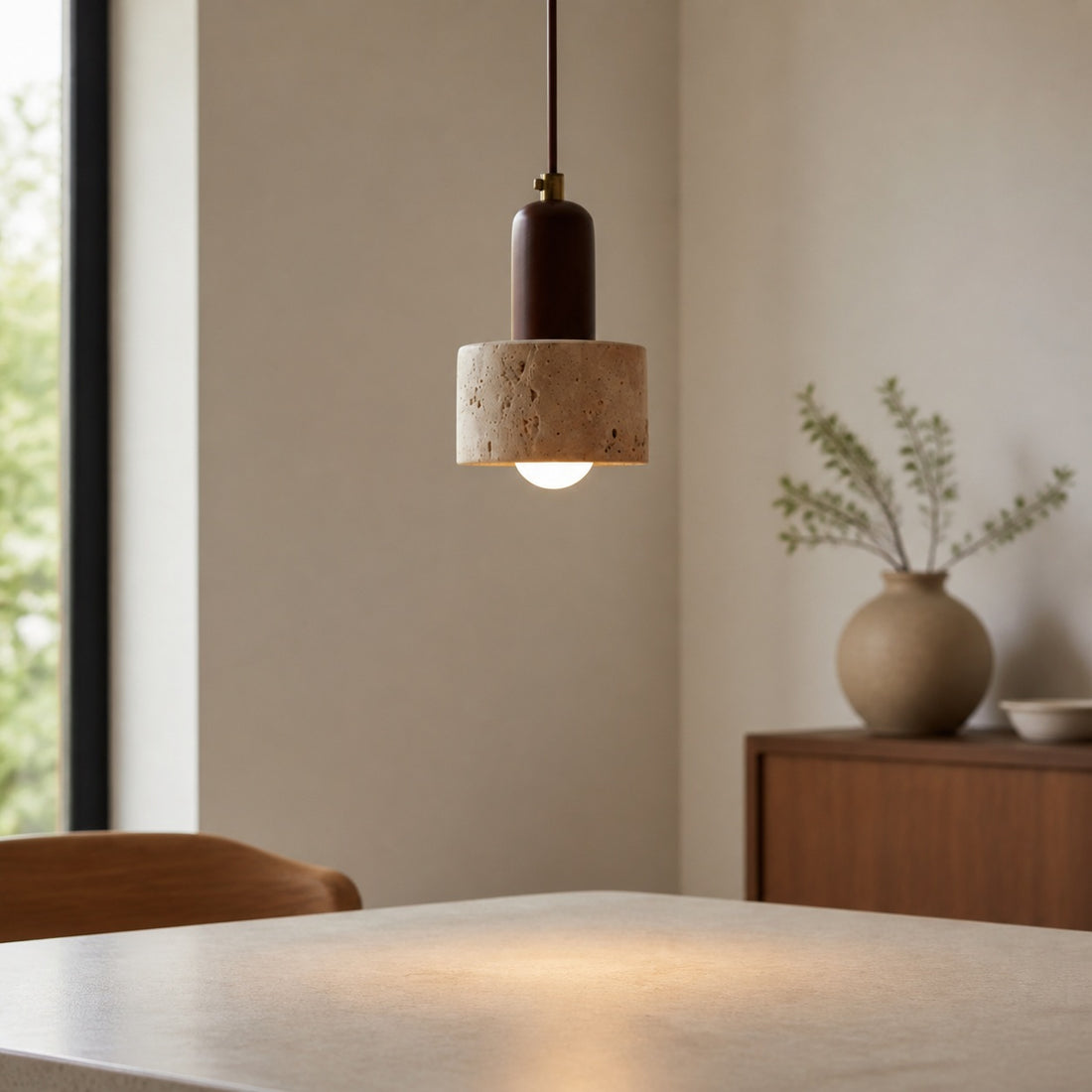 WabiLum Minimalist Japanese Travertine Wood Pendant Light - Elegant Home Lighting for Bedroom