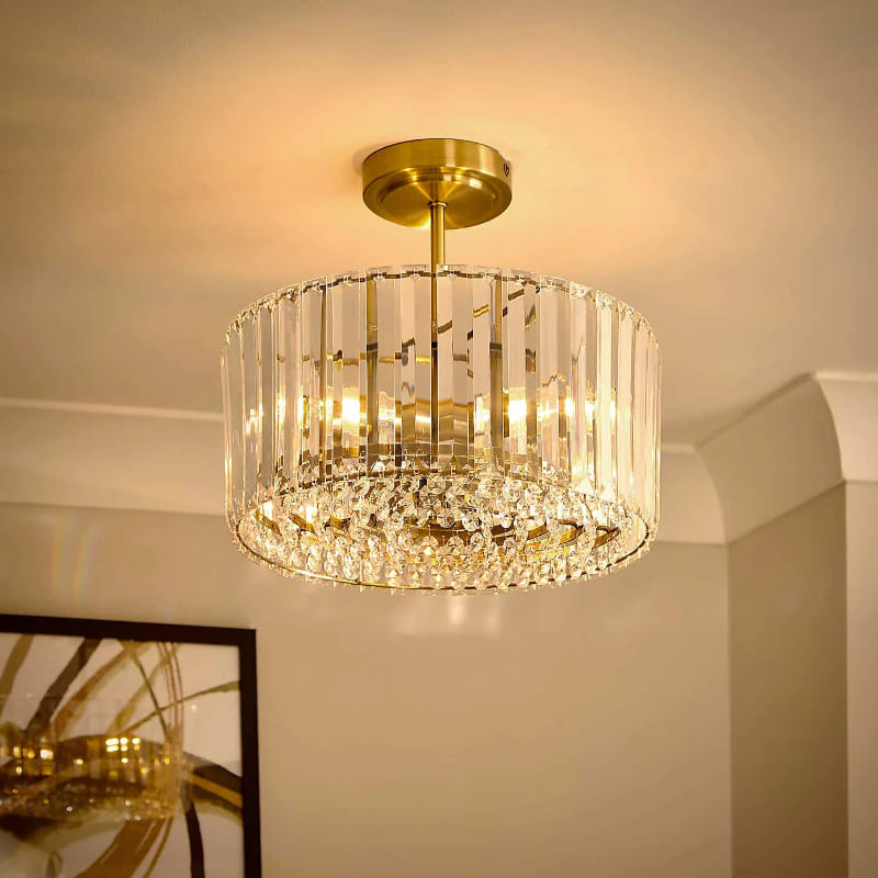 Crus Semi Flush Crystal Ceiling Light - Brass Glass Light For Bedroom