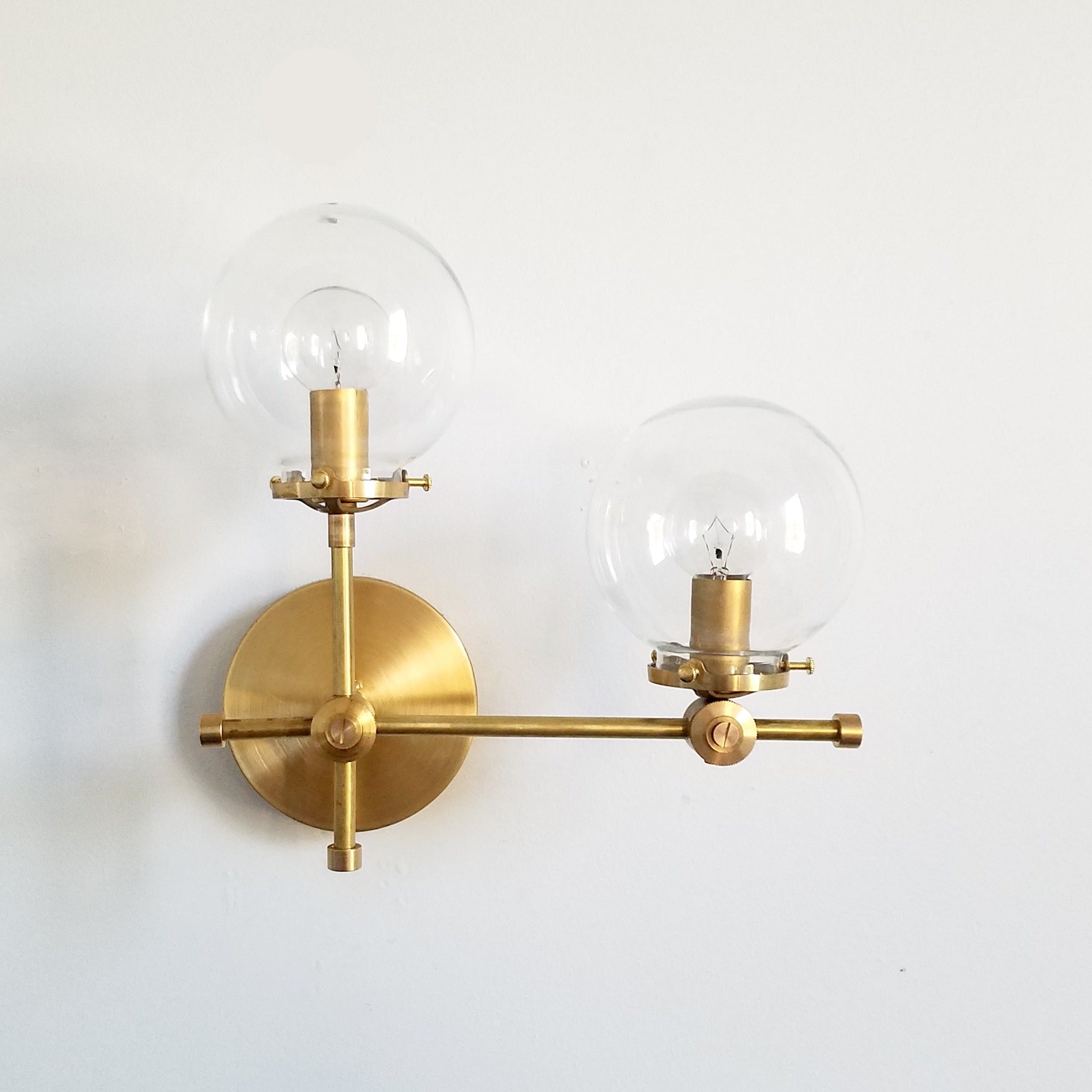 Asymmetric Wall Sconce - Raw Brass or Chrome Finish, Clear & White Glass