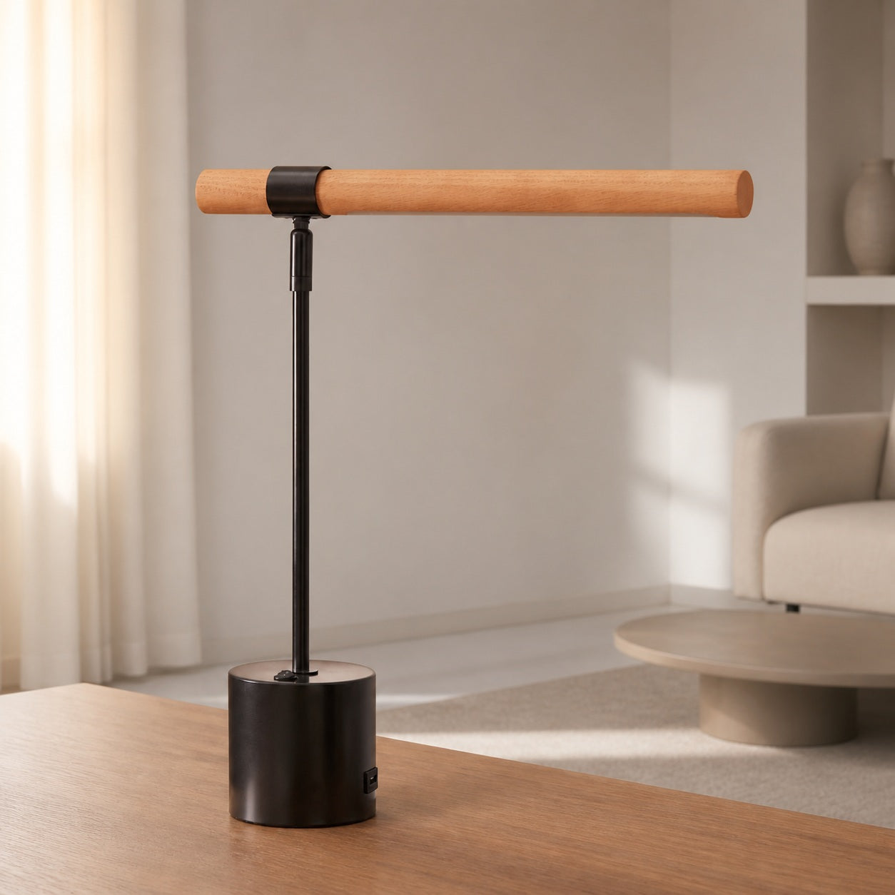 Moss Modern Linear Wood LED Table Lamp – Adjustable Swivel, USB Charging