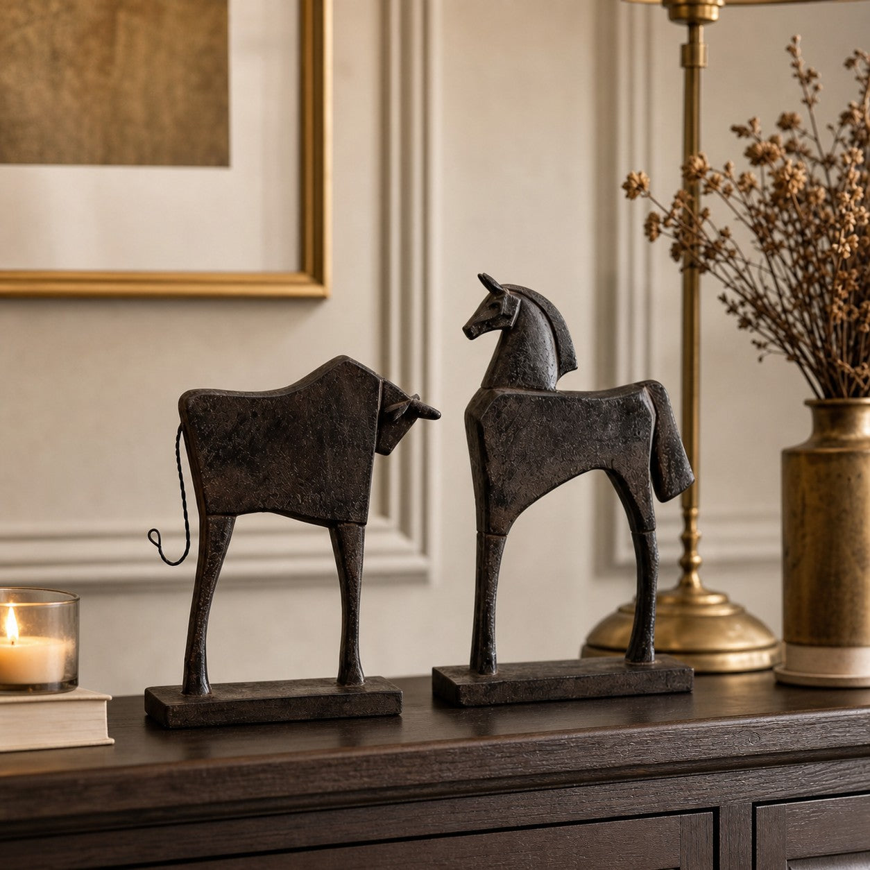 Equora vintage horse and bull resin sculpture detail