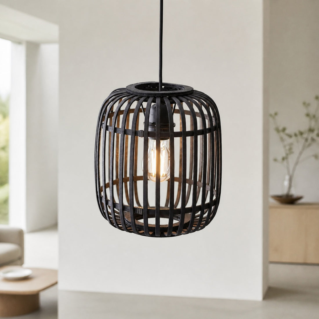 Yumeko Adjustable Bamboo Pendant Lamp - Natural Cage Ceiling Light Perfect for Living & Dining Rooms