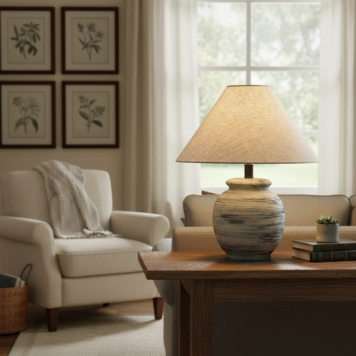 Ceravine Rustic Ceramic Base Table Lamp with Conical Fabric Shade - Elegant Accent Lighting for Home