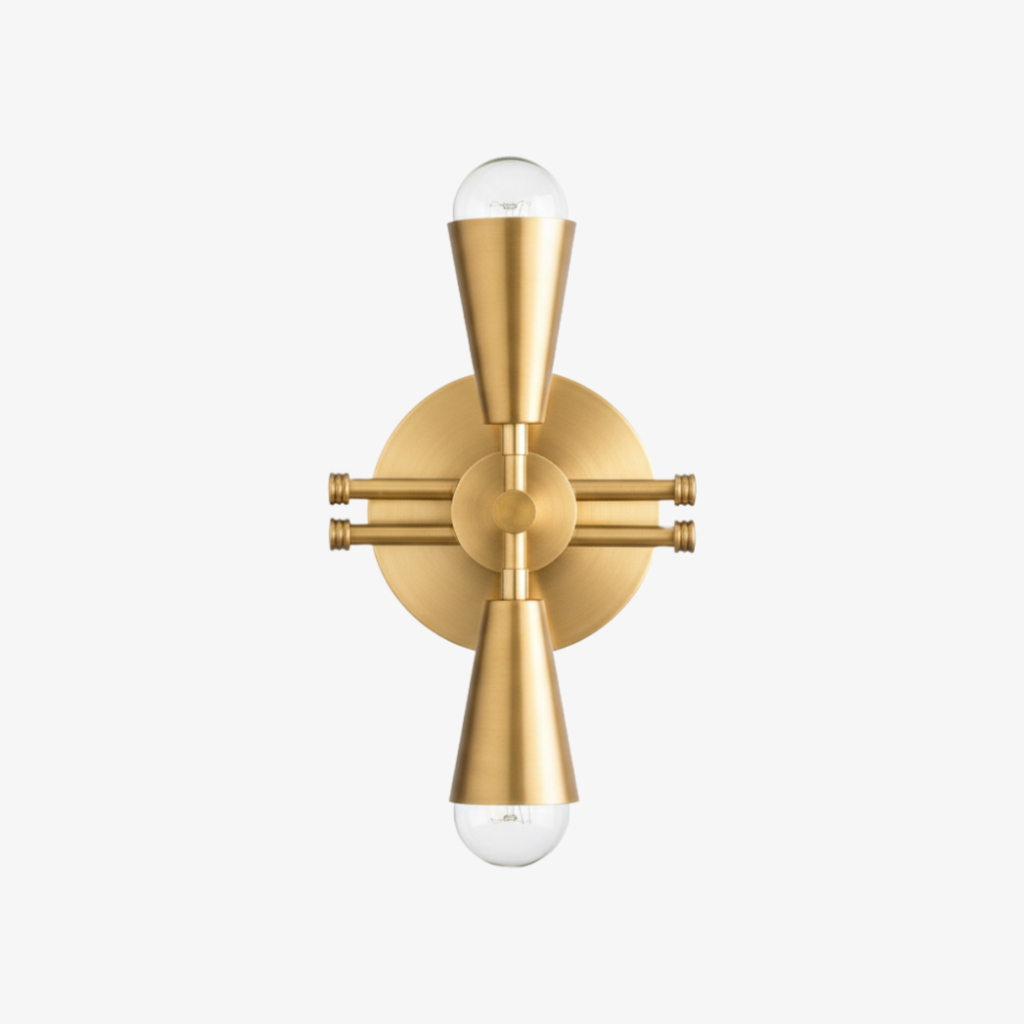 Pyralis Cone Dual Brushed Brass Cone Wall Sconce – Art Deco Vanity Light for Bathroom