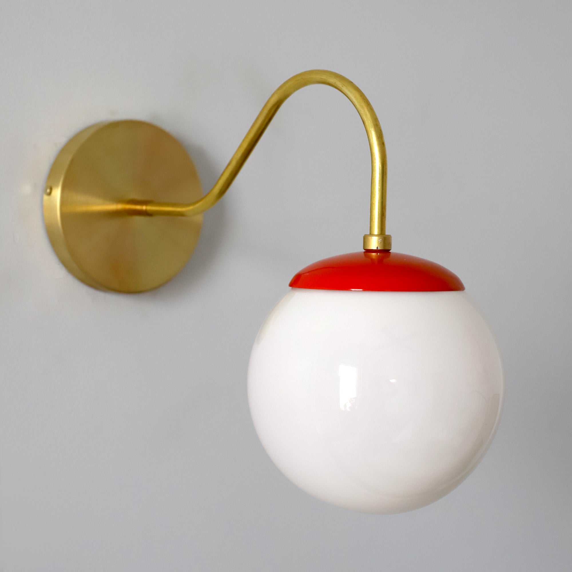 Brass Wall Lamp Sconce - Curved Arm with Handblown Frosted Glass