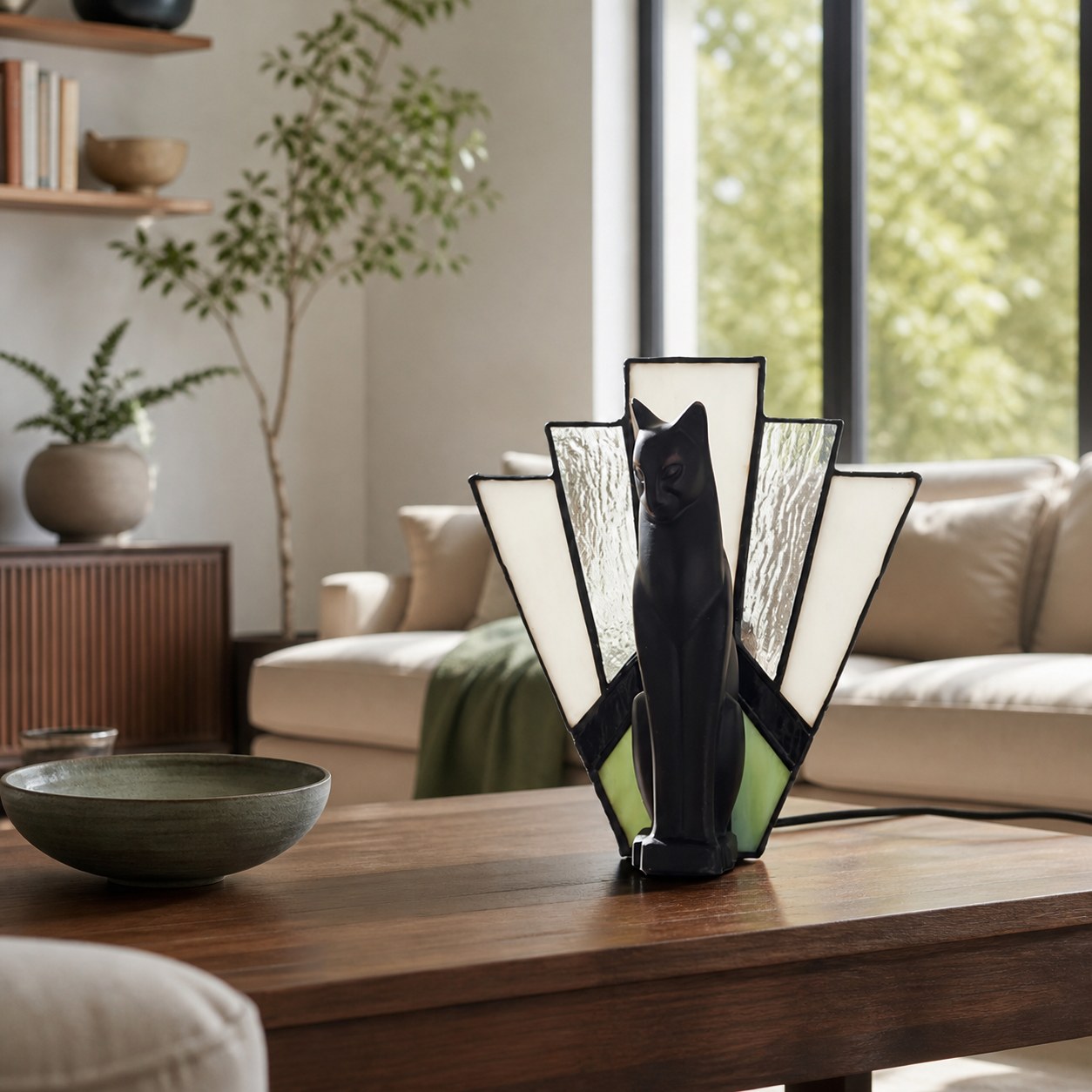 TF Felix Table Lamp – Art Deco Design with Glass Shade and Cat Figurine for Living Room or Bedroom