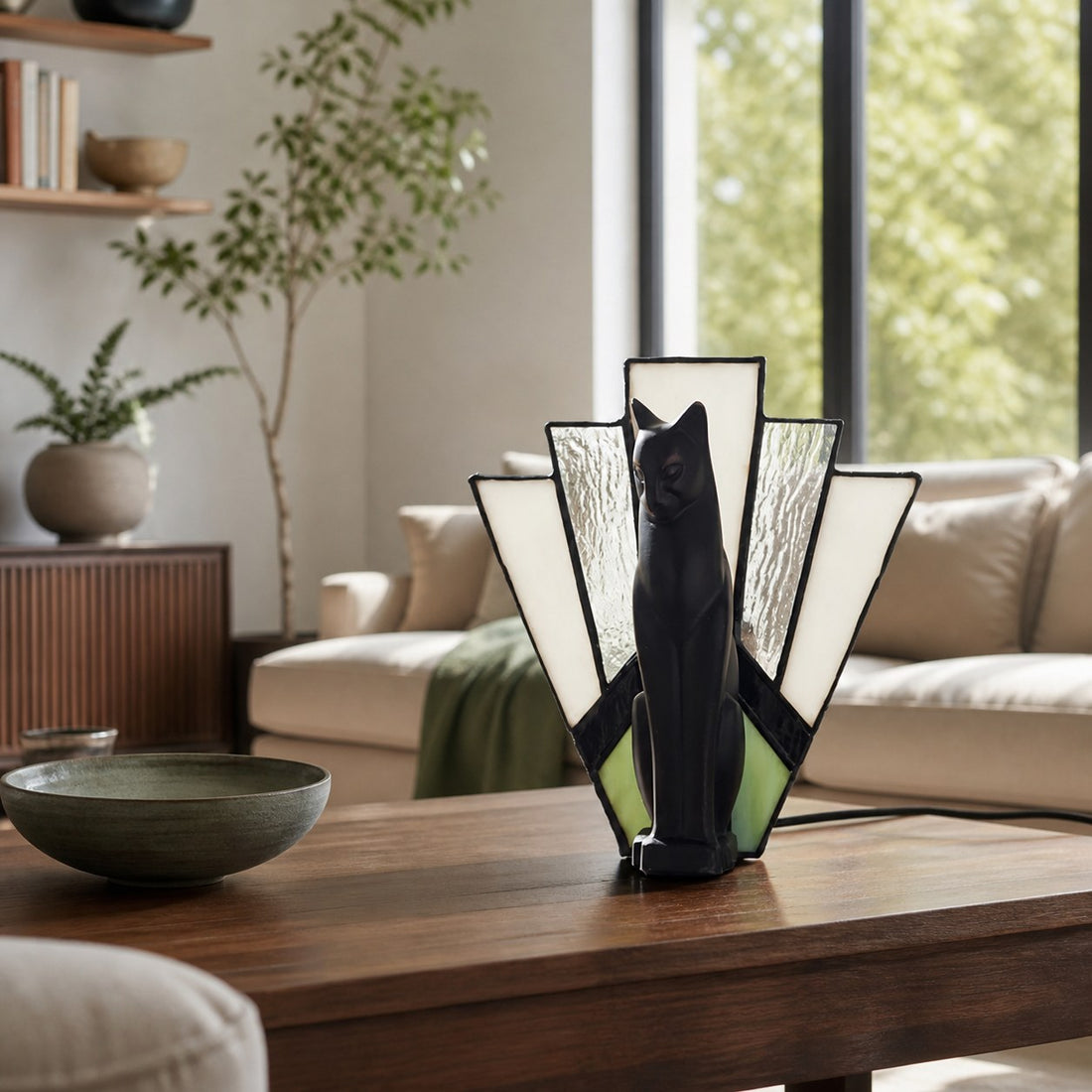 TF Felix Table Lamp – Art Deco Design with Glass Shade and Cat Figurine for Living Room or Bedroom