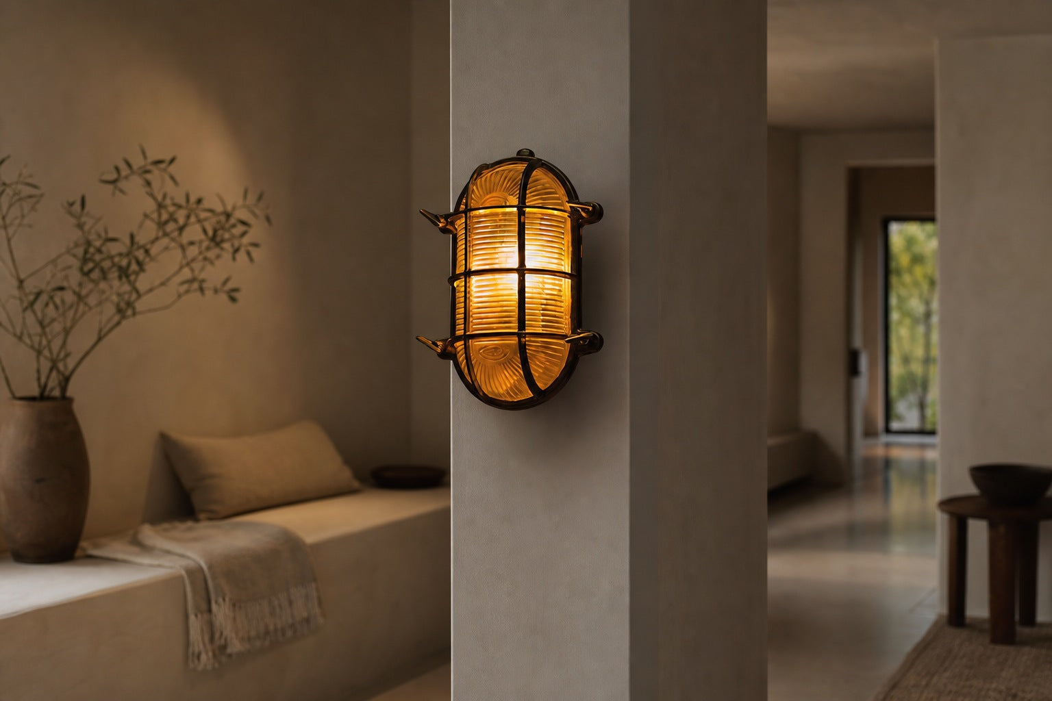 Ivoran Bulkhead Wall Sconce - Brass Caged Glass Vintage Industrial Light for Outdoor and Bathroom
