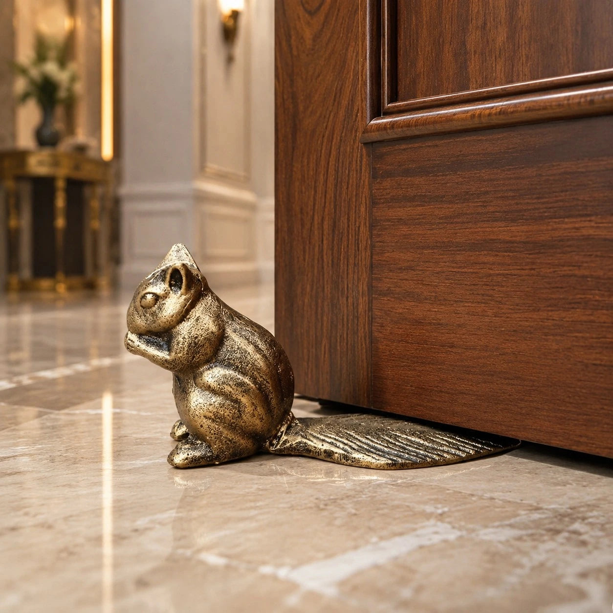 Bronze Guardian door stopper in an interior doorway