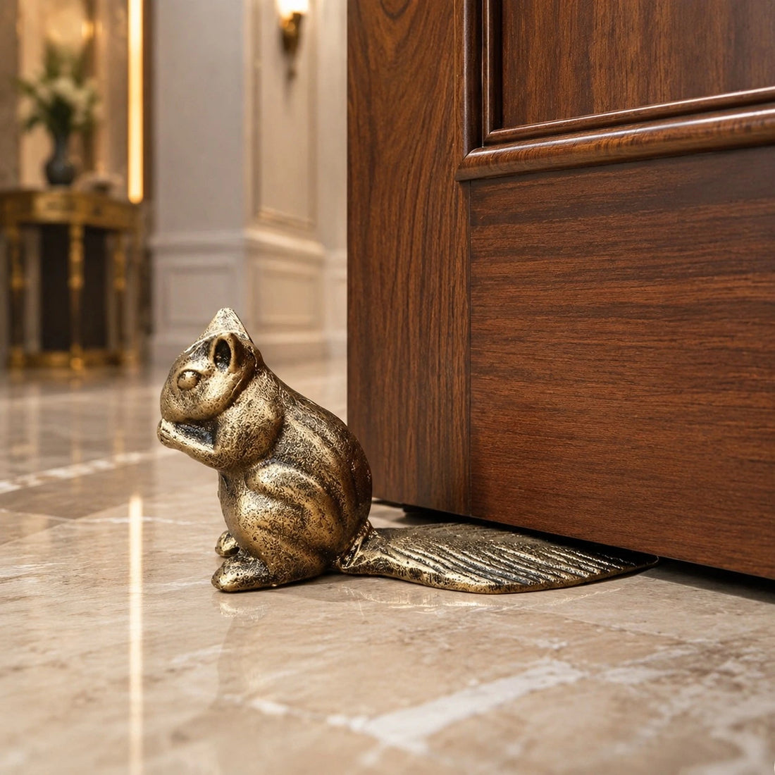 Bronze Guardian door stopper in an interior doorway
