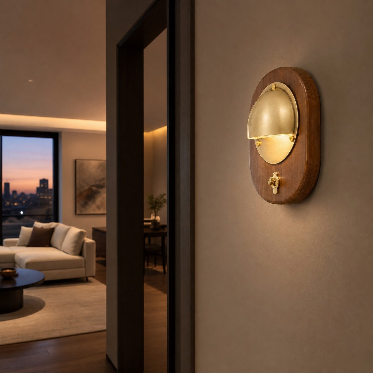 Ivoran Modern Wall Sconce - Ash Wood and Brass Spherical Lamp for Bedroom and Hallway
