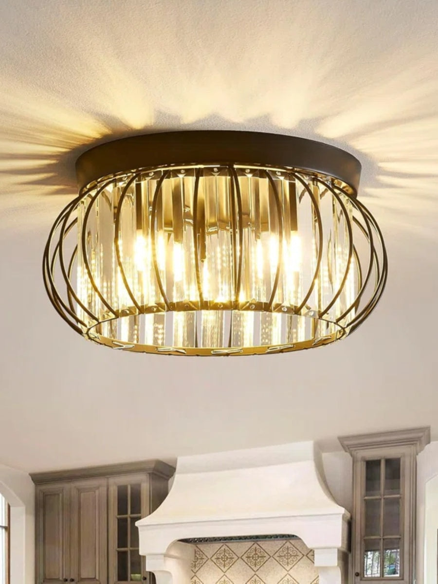 Silver Semi Flush Crystal Ceiling Light - Modern Drum Prismatic Light