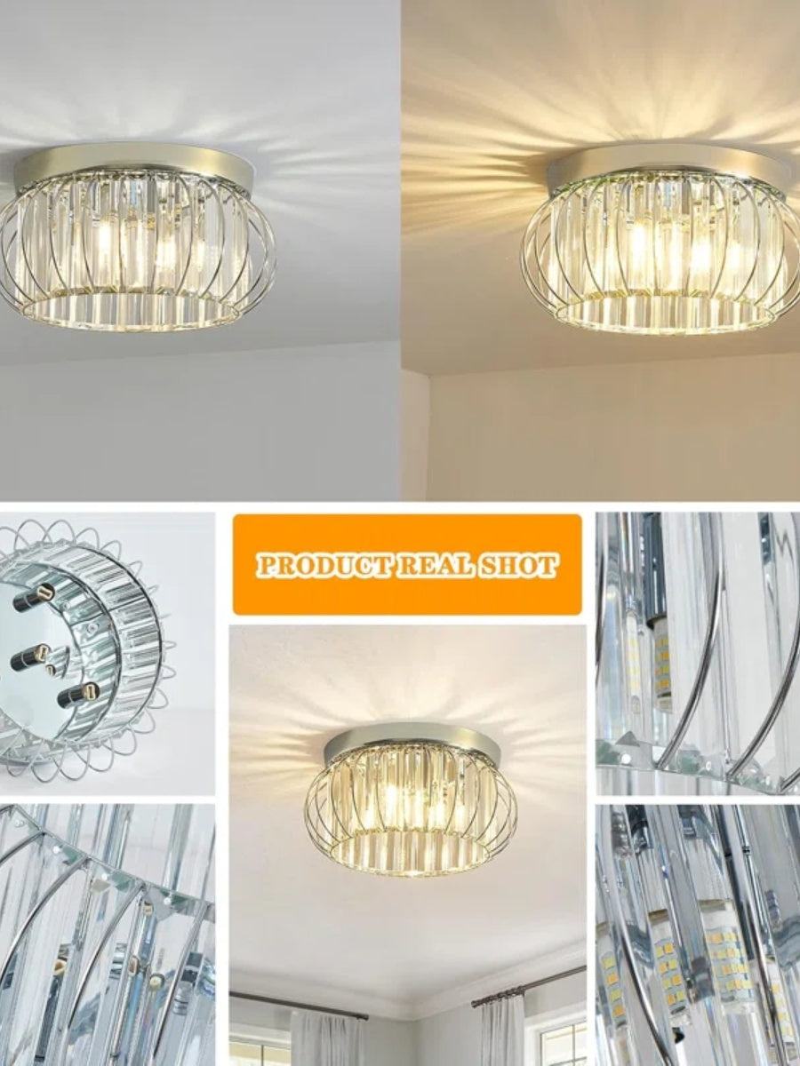 Silver Semi Flush Crystal Ceiling Light - Modern Drum Prismatic Light