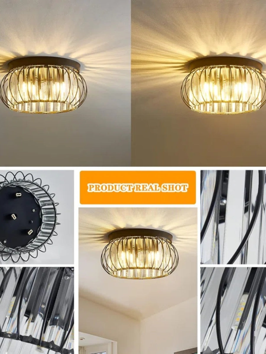 Silver Semi Flush Crystal Ceiling Light - Modern Drum Prismatic Light