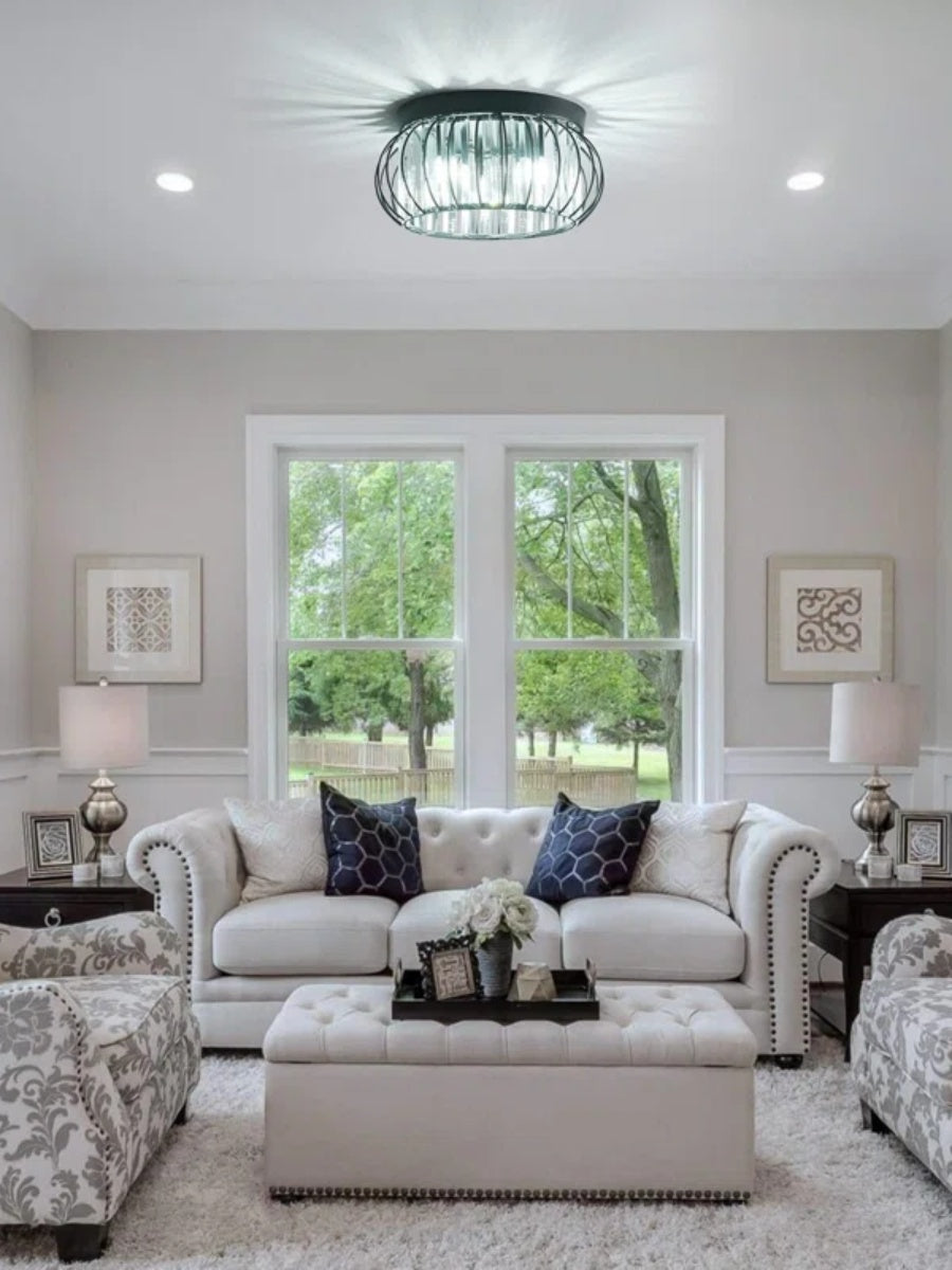 Silver Semi Flush Crystal Ceiling Light - Modern Drum Prismatic Light