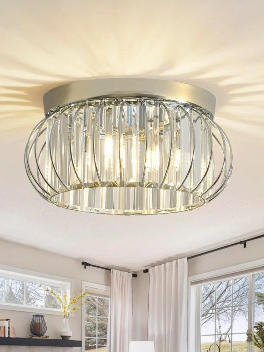 Silver Semi Flush Crystal Ceiling Light - Modern Drum Prismatic Light