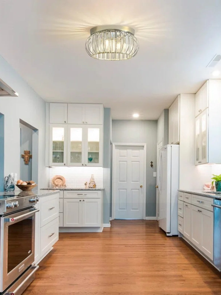 Silver Semi Flush Crystal Ceiling Light - Modern Drum Prismatic Light