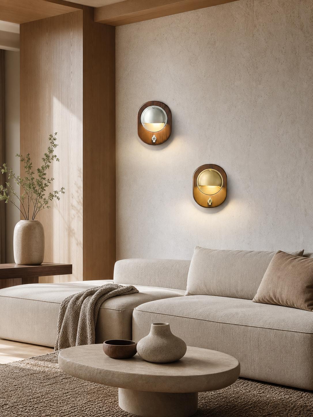 Ivoran Modern Wall Sconce - Ash Wood and Brass Spherical Lamp for Bedroom and Hallway