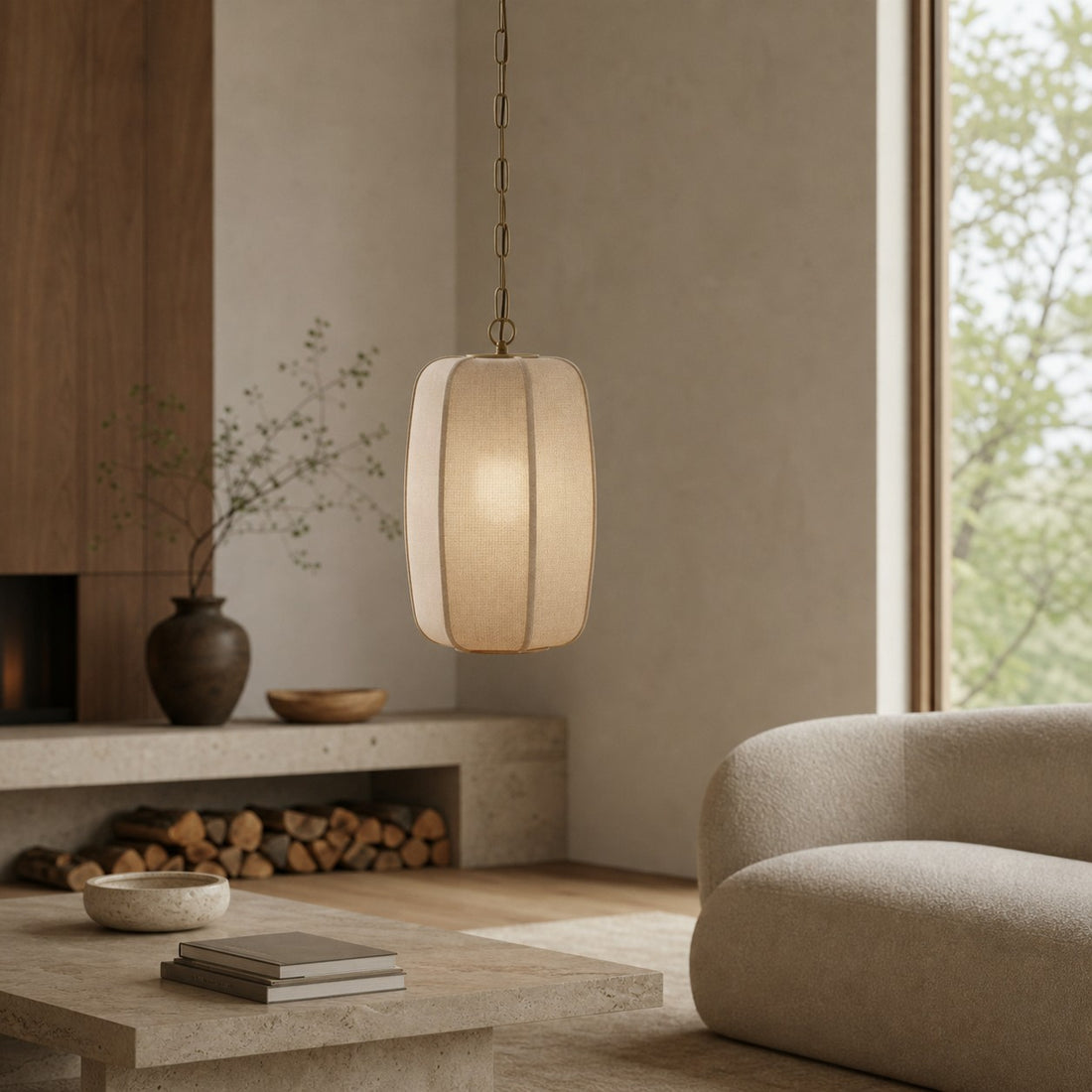Loomis Tall Pendant – Textured Linen Shade Aged Brass Pendant for Dining Room and Kitchen
