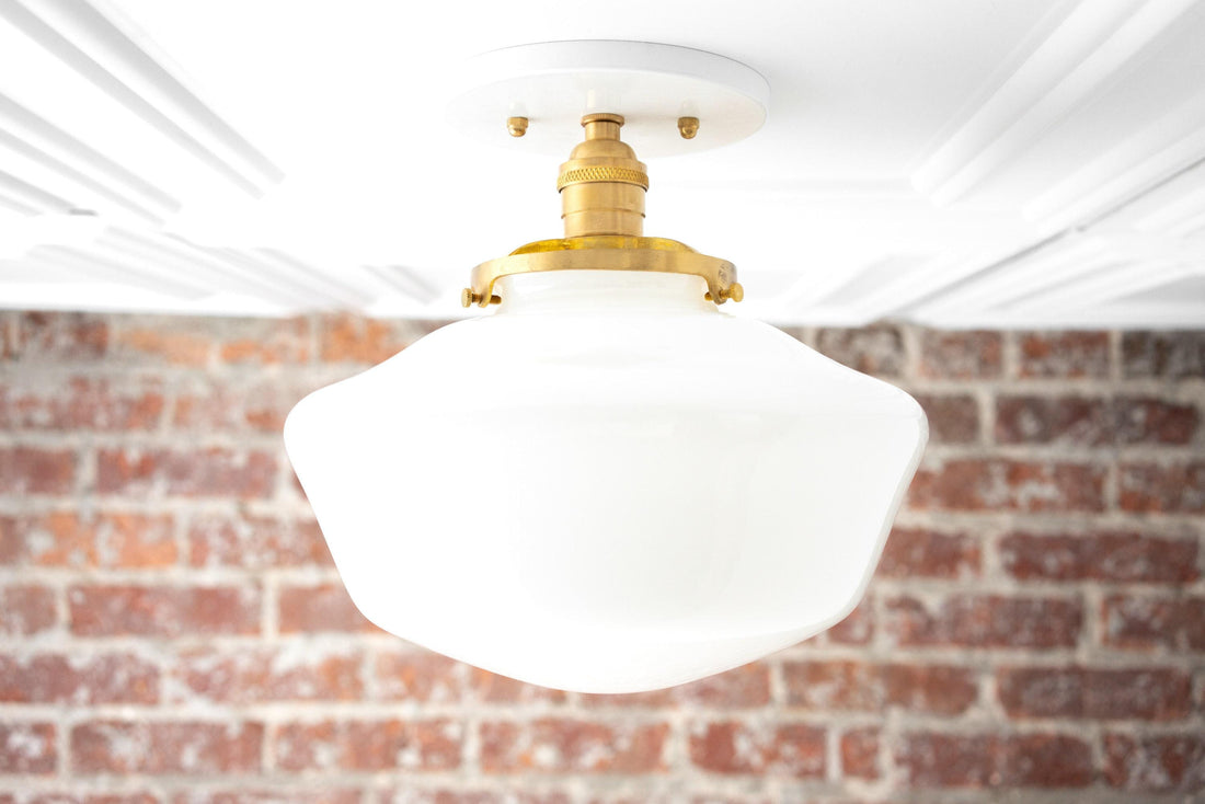 Geotower Glass Brass Ceiling Light - Opal Glass Schoolhouse Shade - Modern Elegance