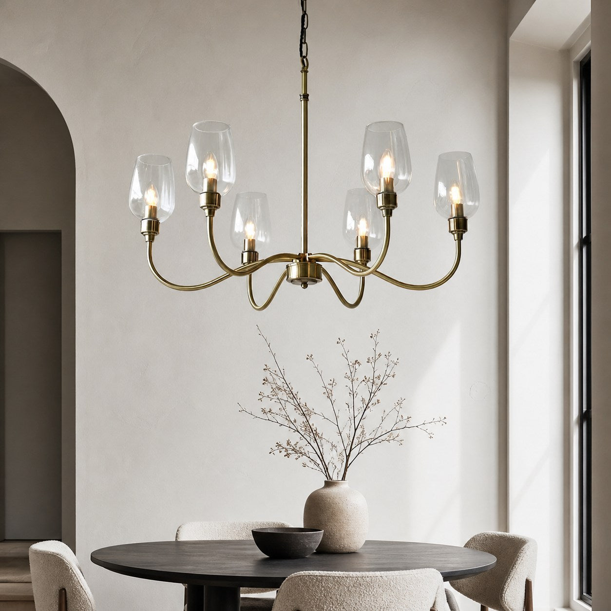 Clarione Art Deco 6-Light Linear Chandelier with Blown Glass Shades for Kitchen