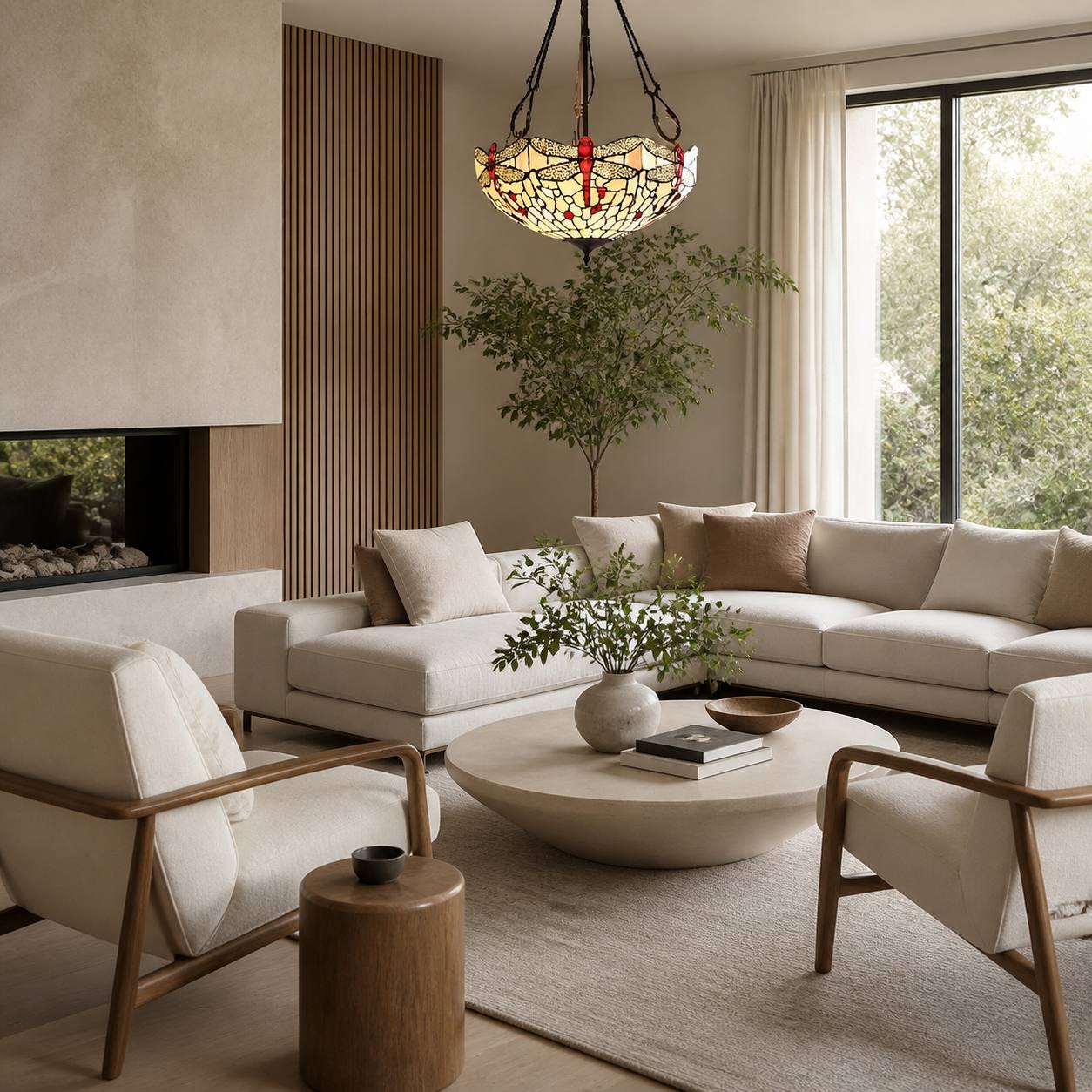 TF Dragonfly Beige Tiffany Pendant Lamp – Elegant Stained Glass Fixture for Dining Room and Bedroom