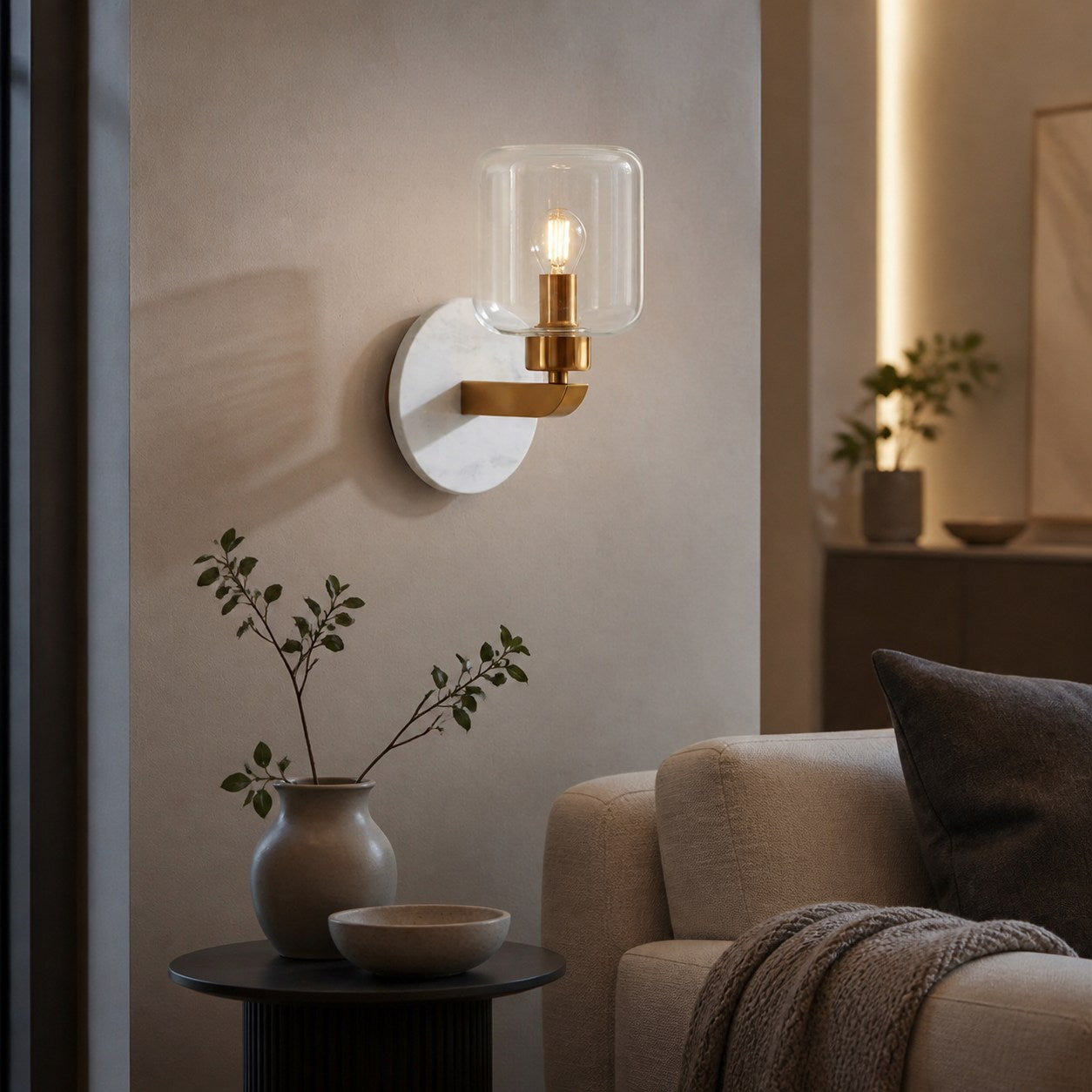 Korlisse Modern Marble Wall Light - Vintage Brass & Clear Glass Accent for Living Room and Hallway