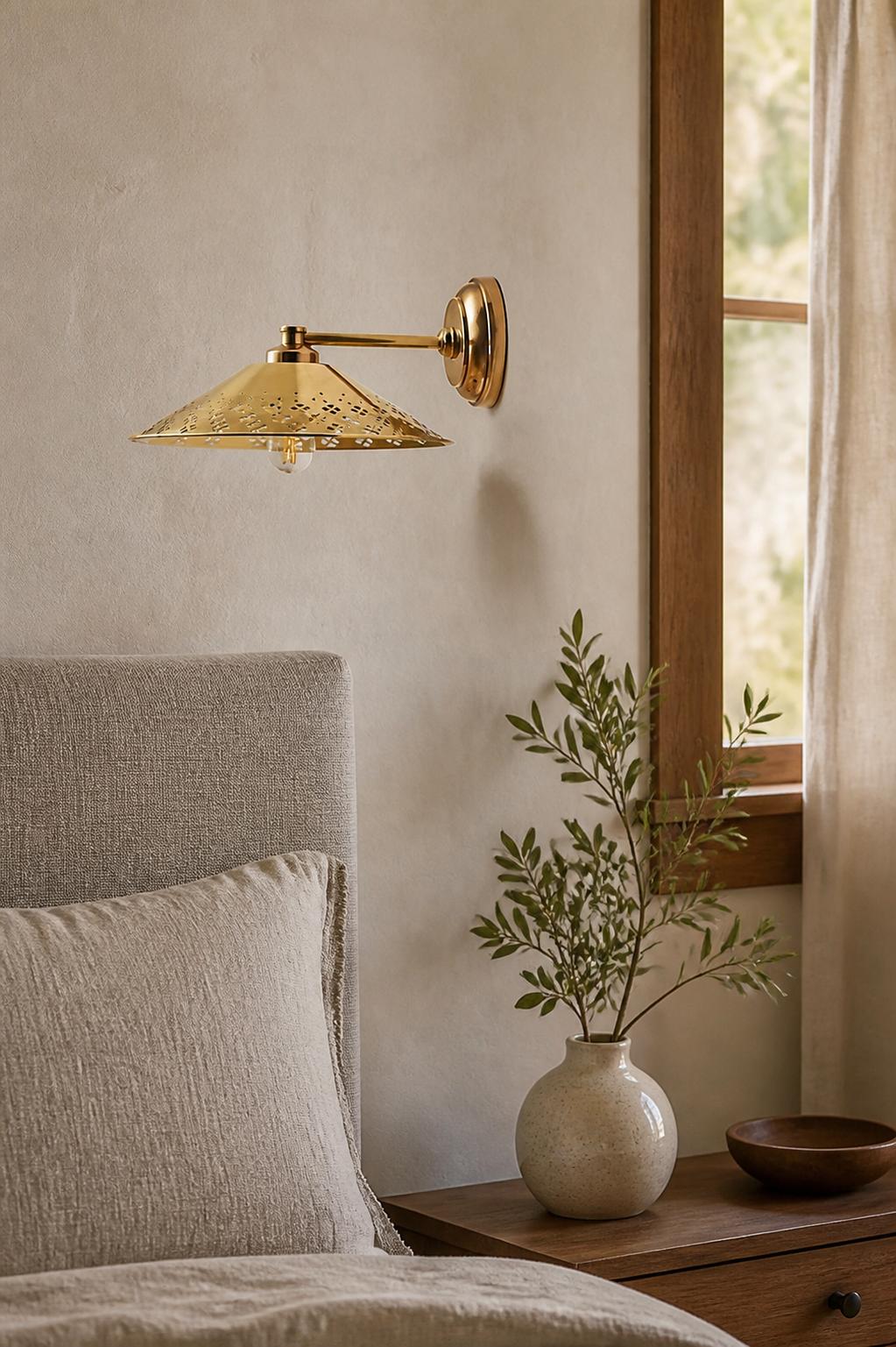 Auriglow Modern Wall Sconce – Brass Perforated Light for Bedroom or Hallway