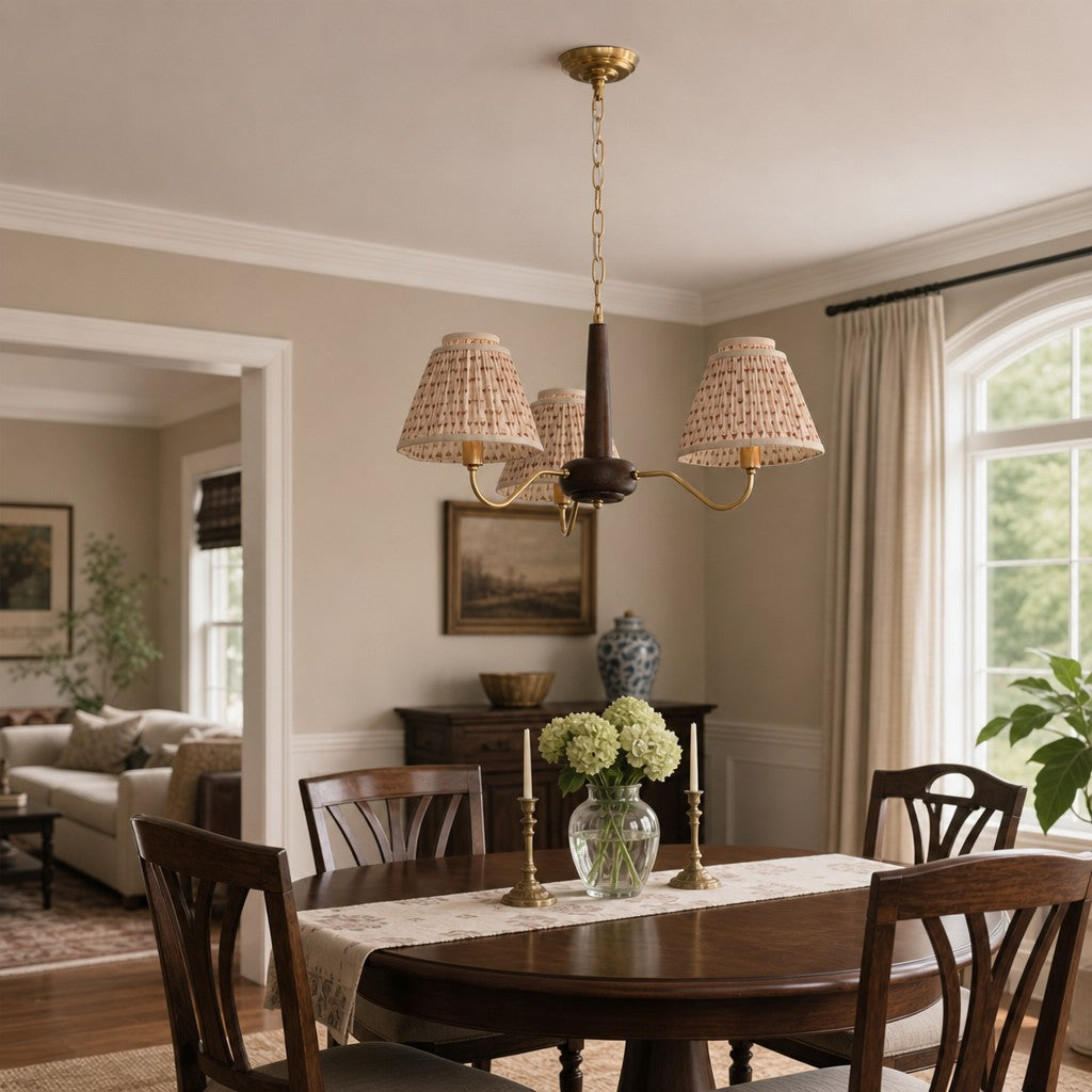 Solmire Rustic Chandelier - Wood and Metal Floral Fabric Shades for Living Room