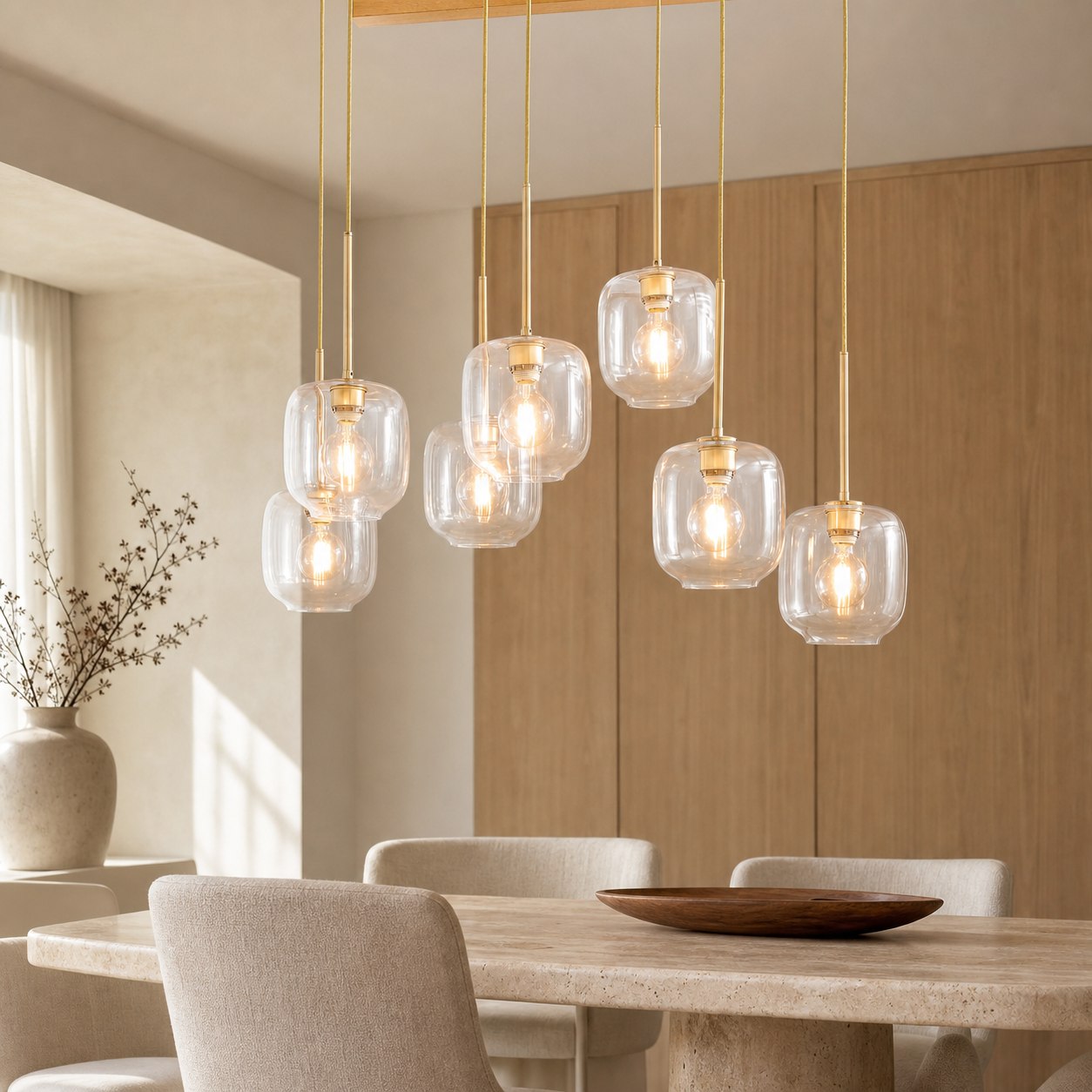Lumivelle Sculptural 7-Light Chandelier – Adjustable Height Modern Glass Pendant