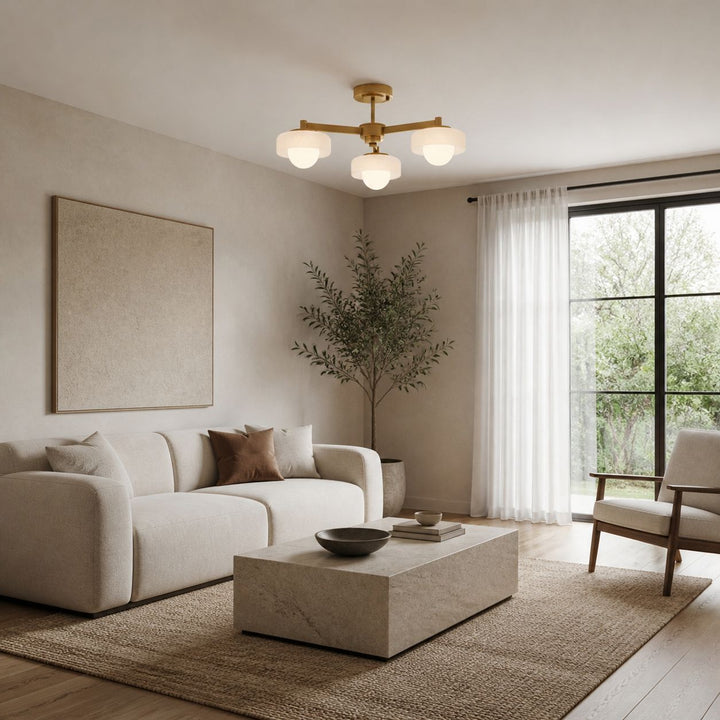 Zirvos Pendant with Frosted Opal Globes and Brushed Brass Frame for Living and Dining