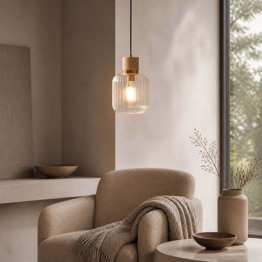 Korlisse Natural Stone and Glass Pendant Light – Stylish Lamp for Lounge or Living Room
