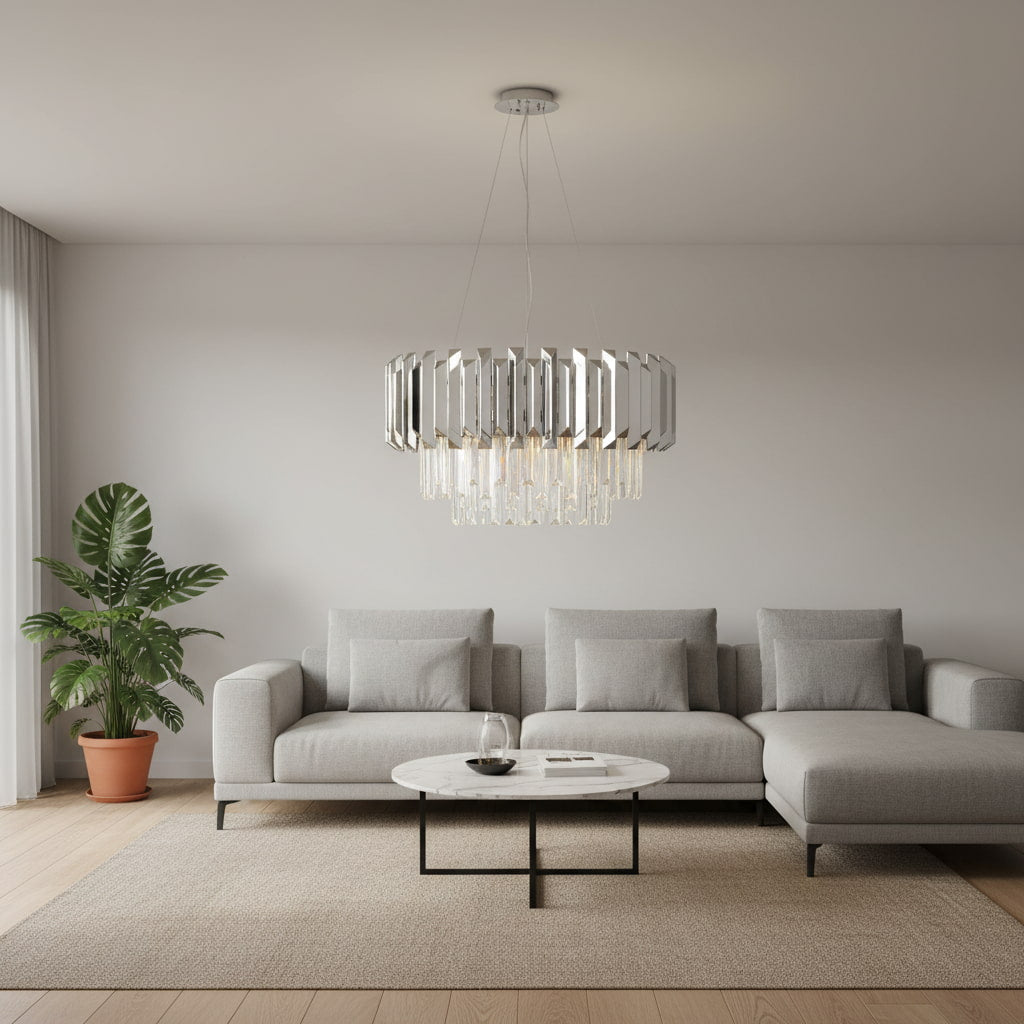 Virelia Contemporary Crystal Pendant Light – Layered Crystal Shade Ceiling Fixture for Dining or Living Room