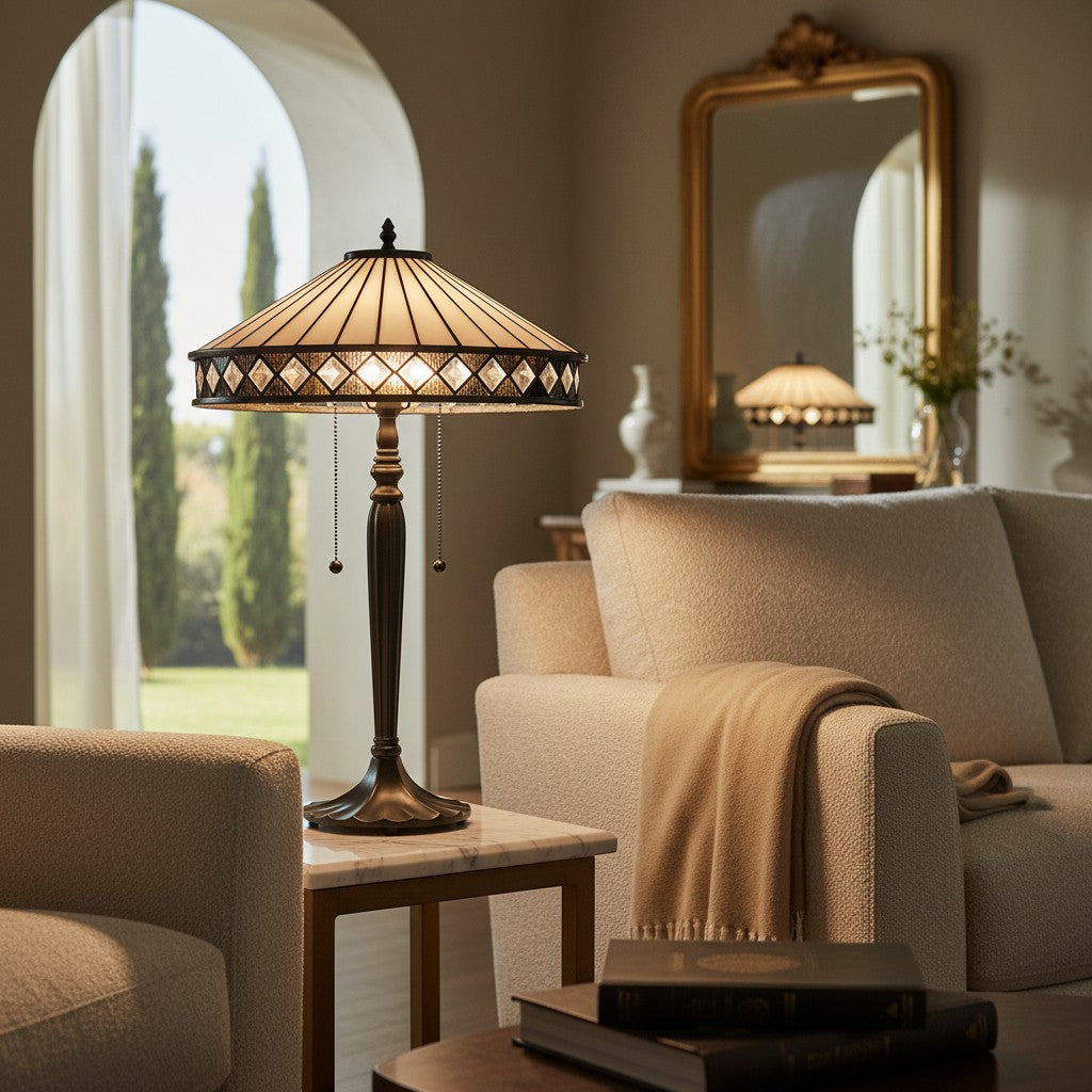 TF Fargo Geometric Tiffany Style Lamp - Amber and Cream Glass Accent Lighting for Bedroom or Study