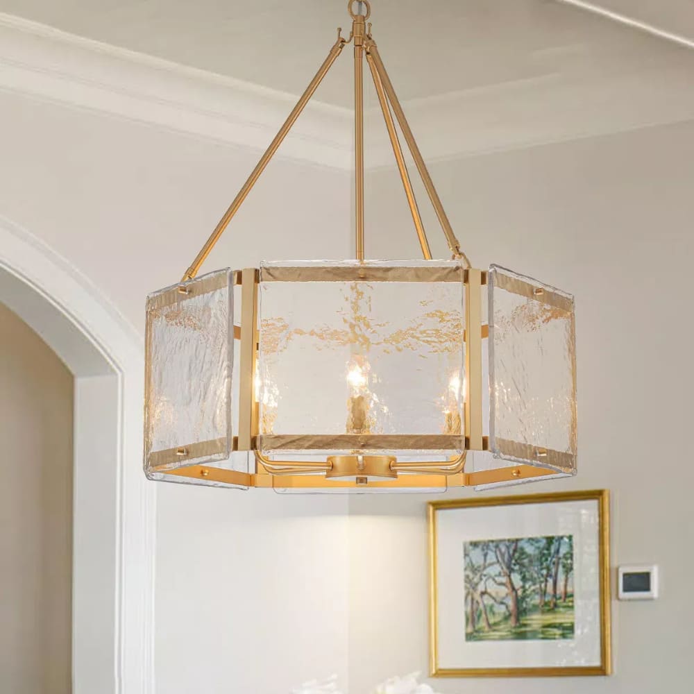 Textured Water Ripple Drum Chandelier - 6-Light Glass Pendant Light