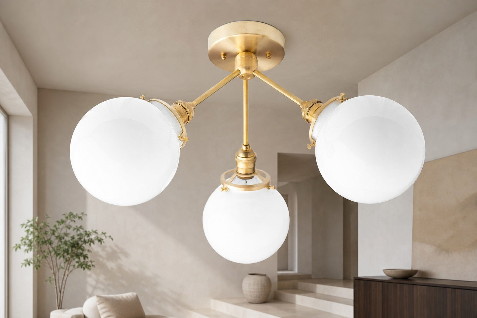 Glorica Glass Chandelier - Brass Globe Ceiling Light with Opal Shade