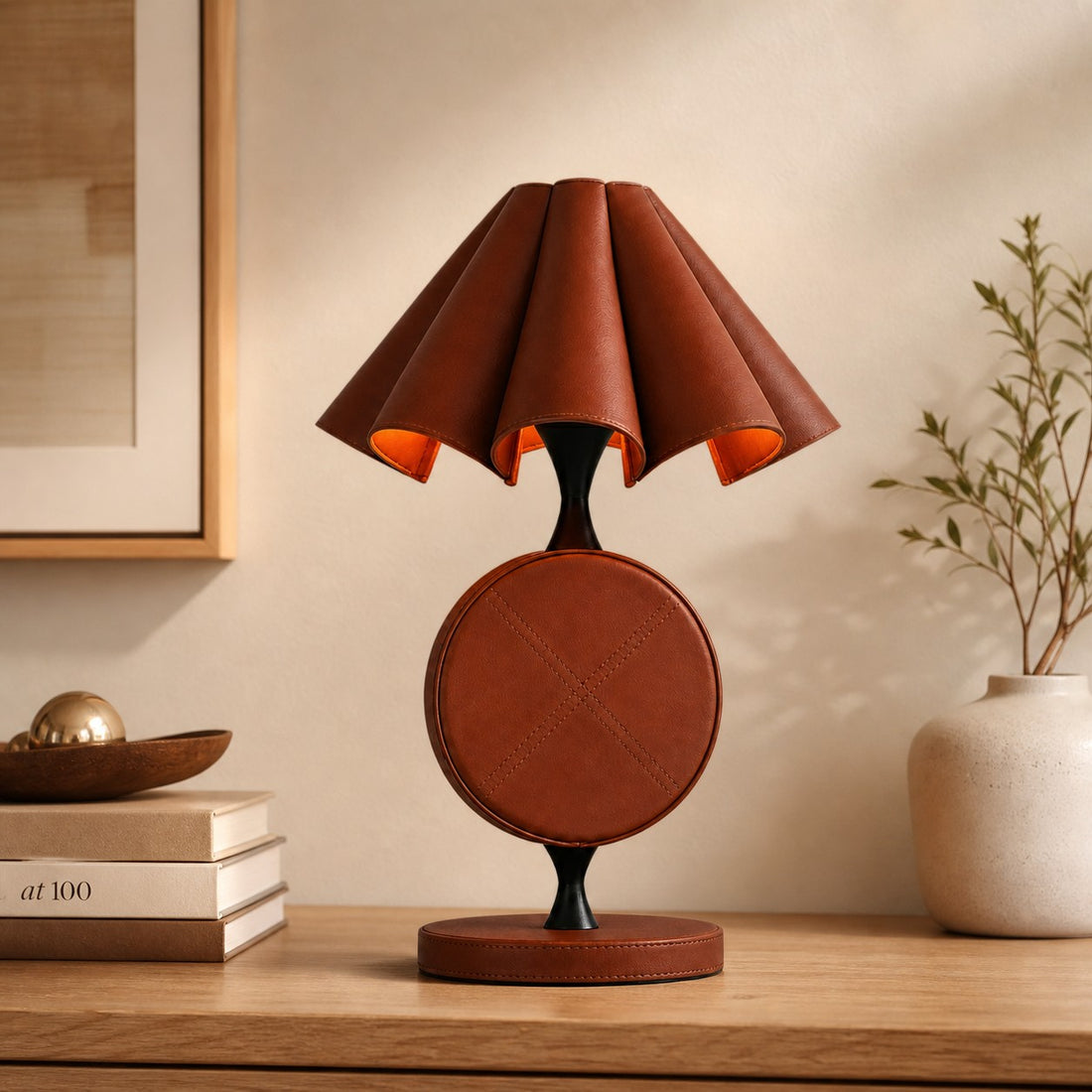 Brown leather table lamp in a living space
