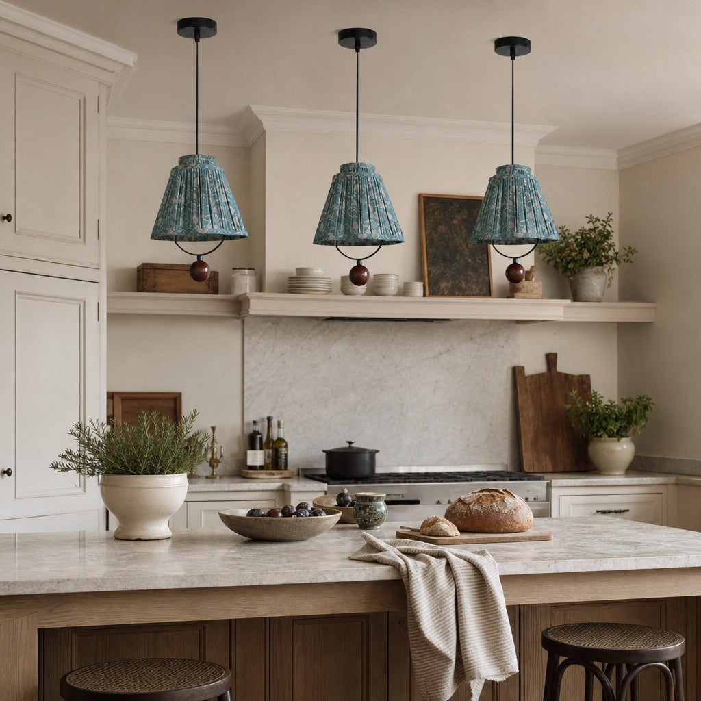 Solmire Fabric Pendant Light - Floral Pleated Shade with Wood and Iron Accents for Dining Room and Kitchen Island
