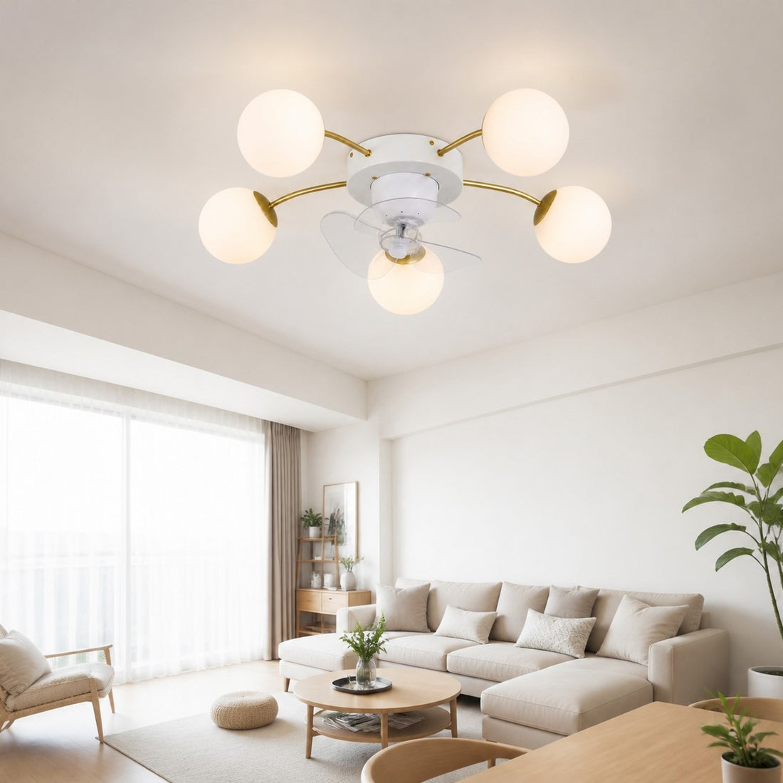 Modern White and Gold Ceiling Fan Light with Glass Globes