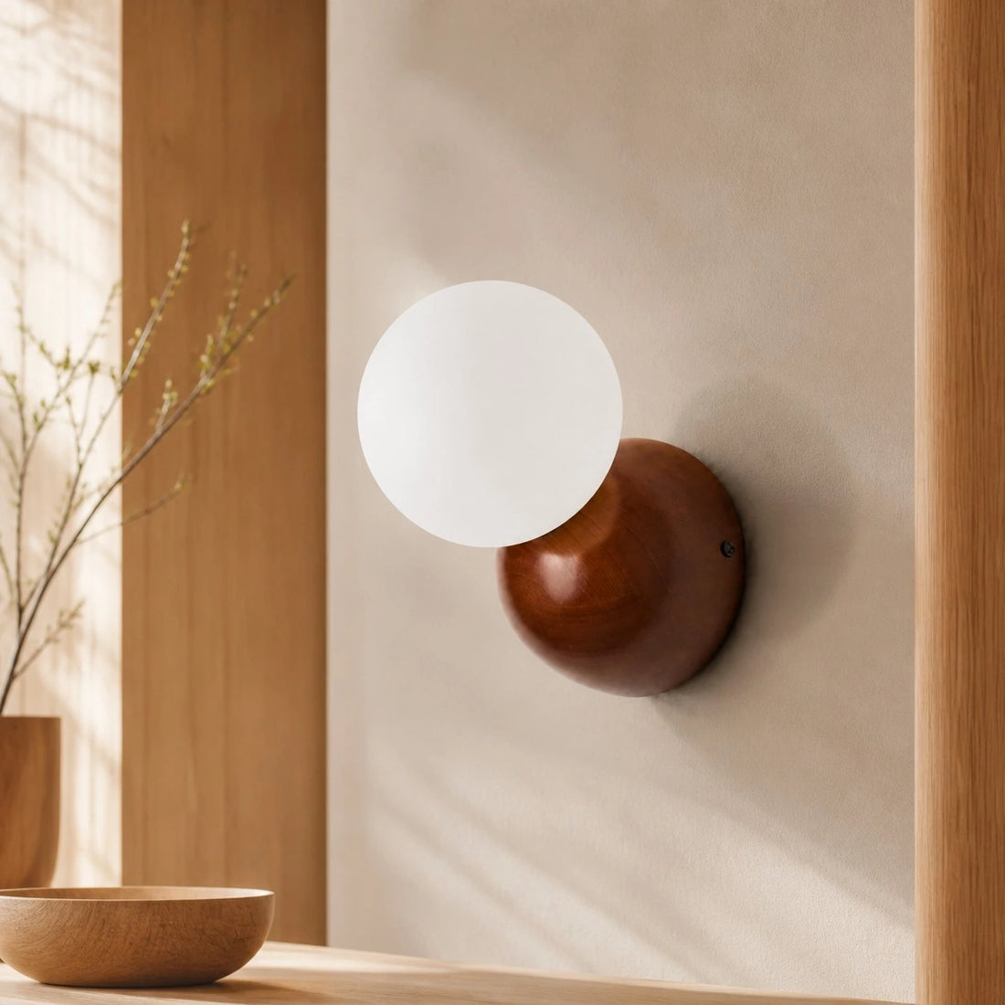 Luma walnut wall sconce in a warm modern room