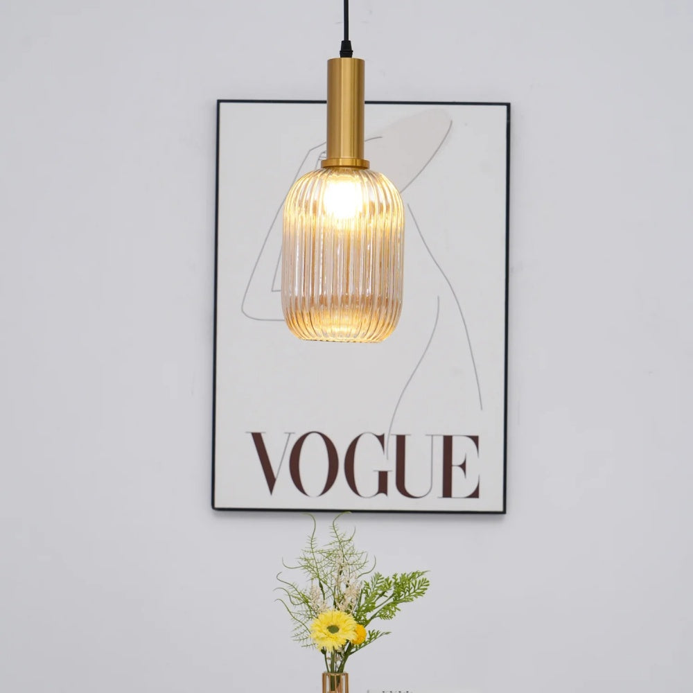 Ribbed Stained Glass Pendant Lamp – Retro Lantern Shape Hanging Light