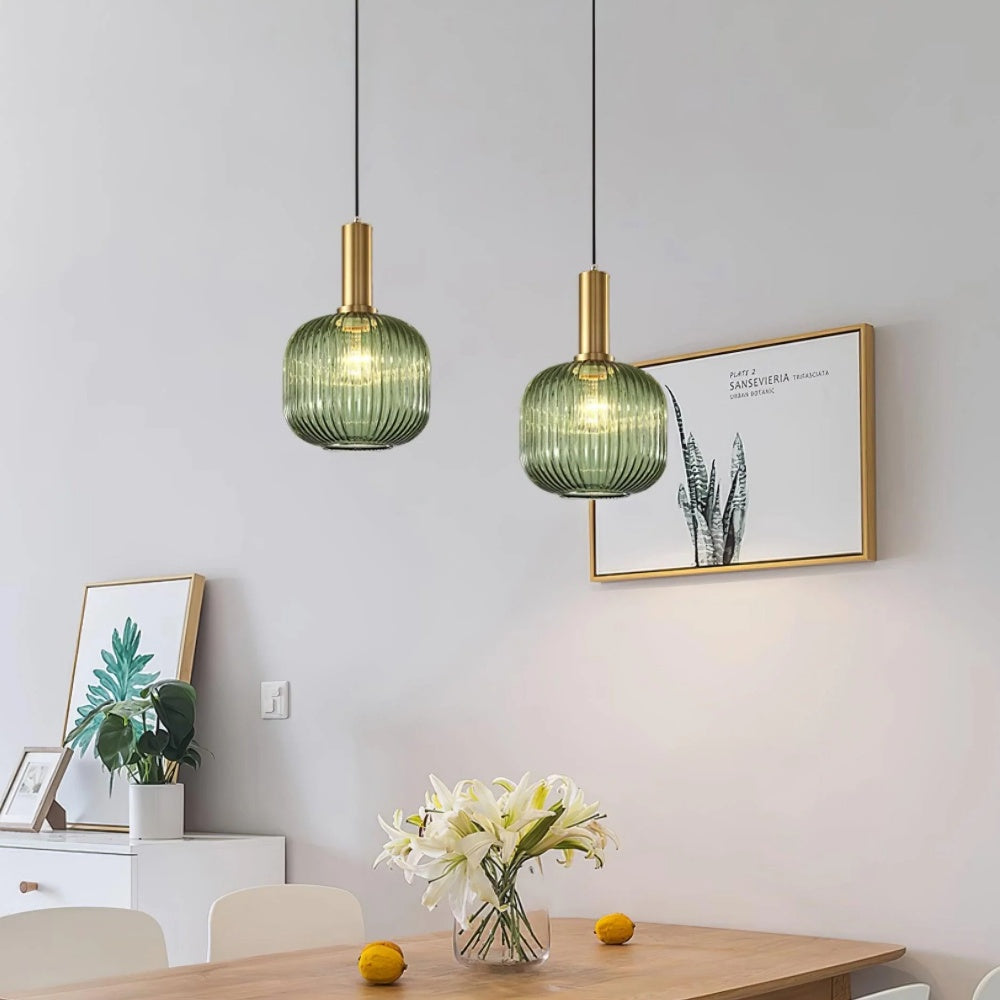 Ribbed Stained Glass Pendant Lamp – Retro Lantern Shape Hanging Light