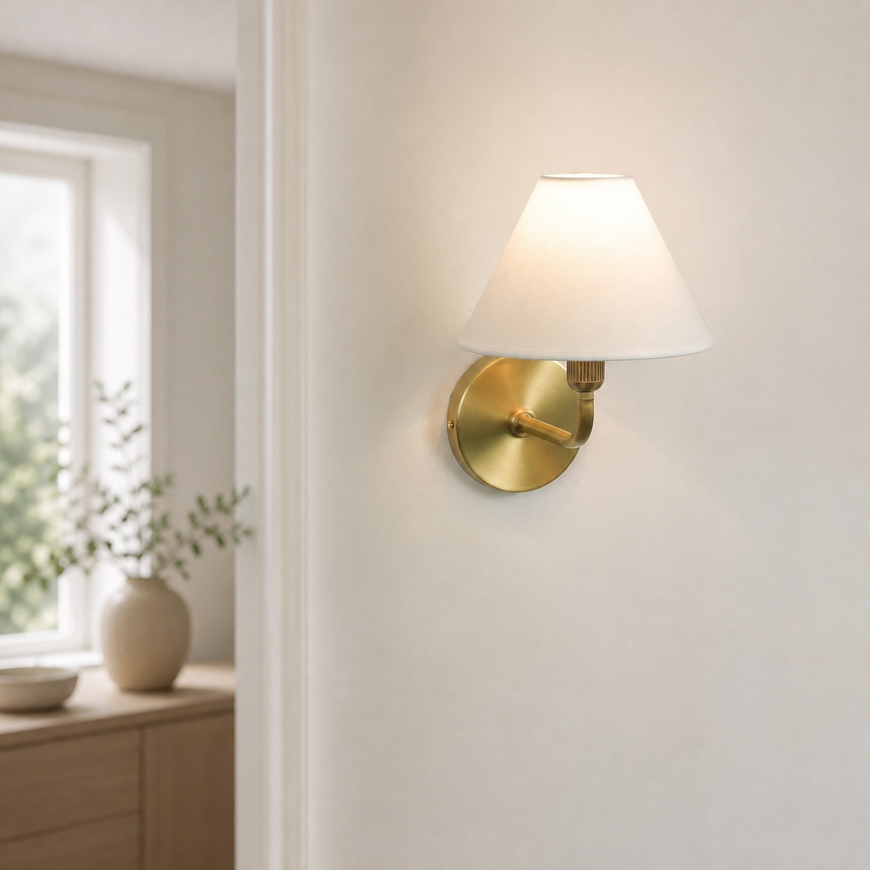 Gilda Fabric Drum Shade Wall Sconce - Modern Brass Accent Light for Bedroom and Hallway